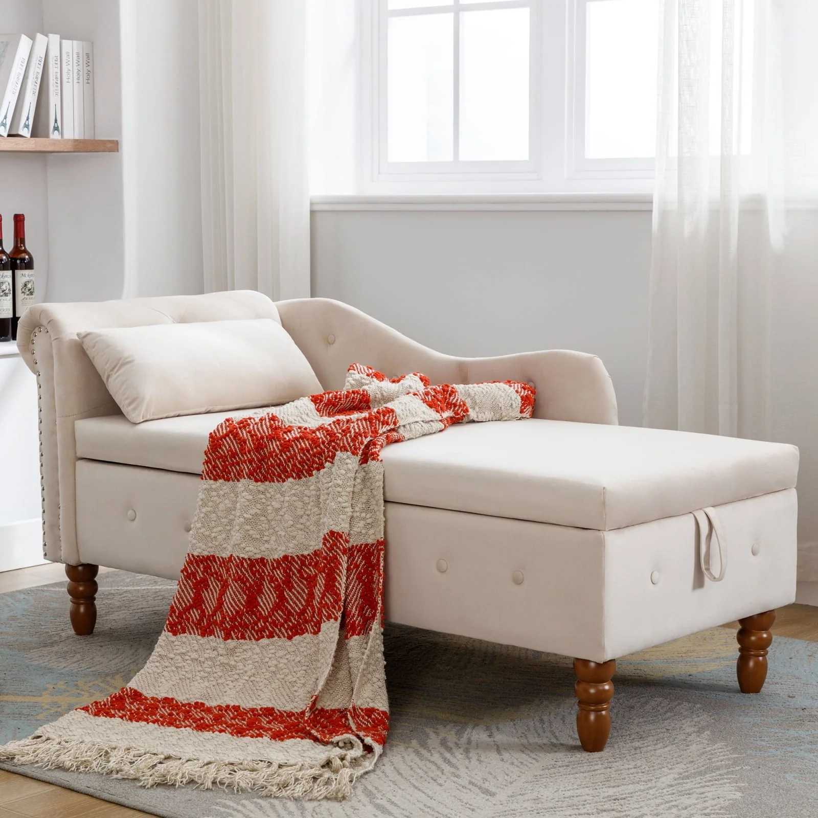 Beige Velvet Chaise Lounge Indoor - Modern Lounge Chair for Bedroom with Storage & Pillow, Nailhead Trim, Perfect for Living Room, Bedroom, Office, Comfortable & Durable