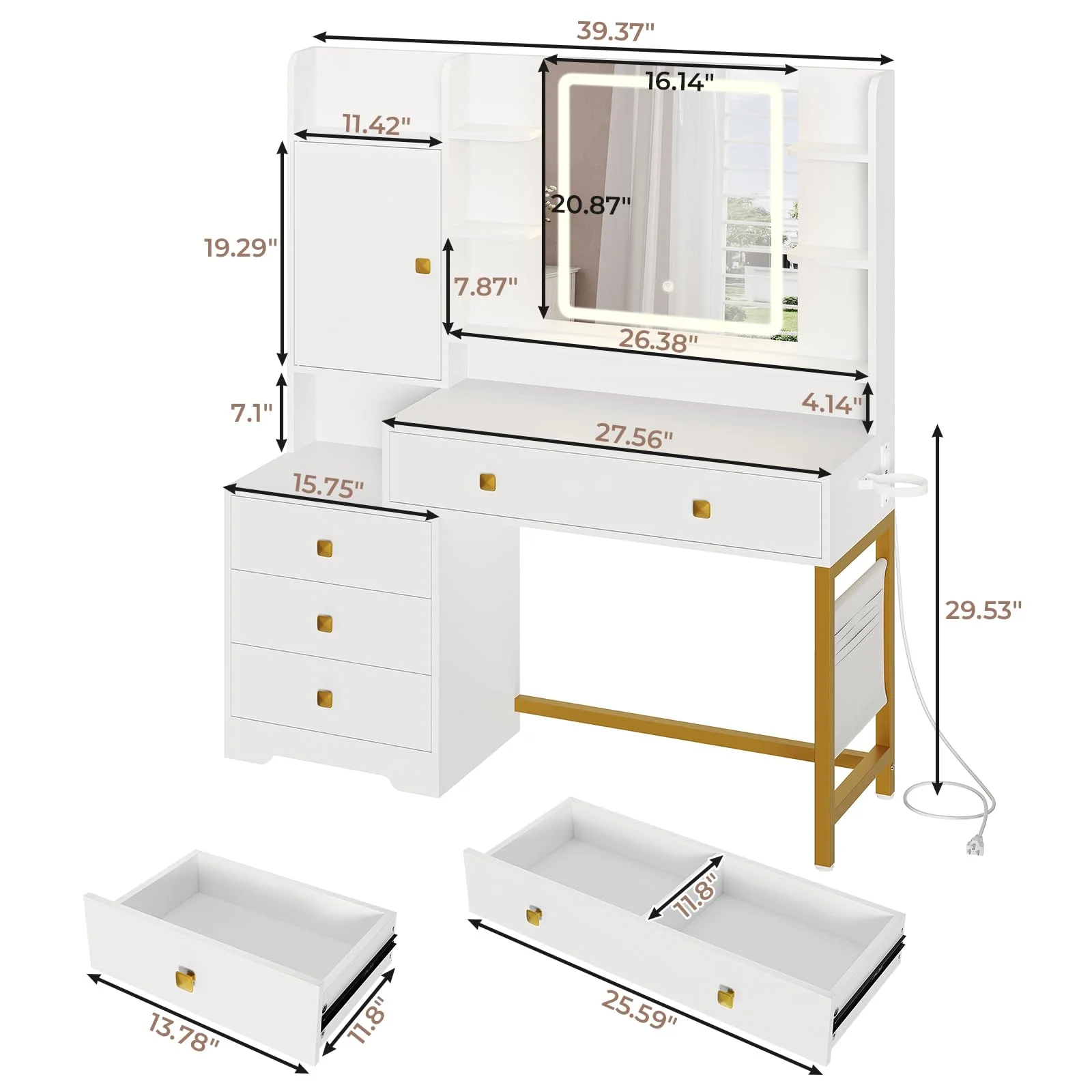 Makeup Vanity Desk with Lighted Mirror & Charging Stations & 6 Drawers Large Vanity Table Bedroom Dressing Table with Glass Tabletop&Side Cabinet&Glass Tabletop, Black
