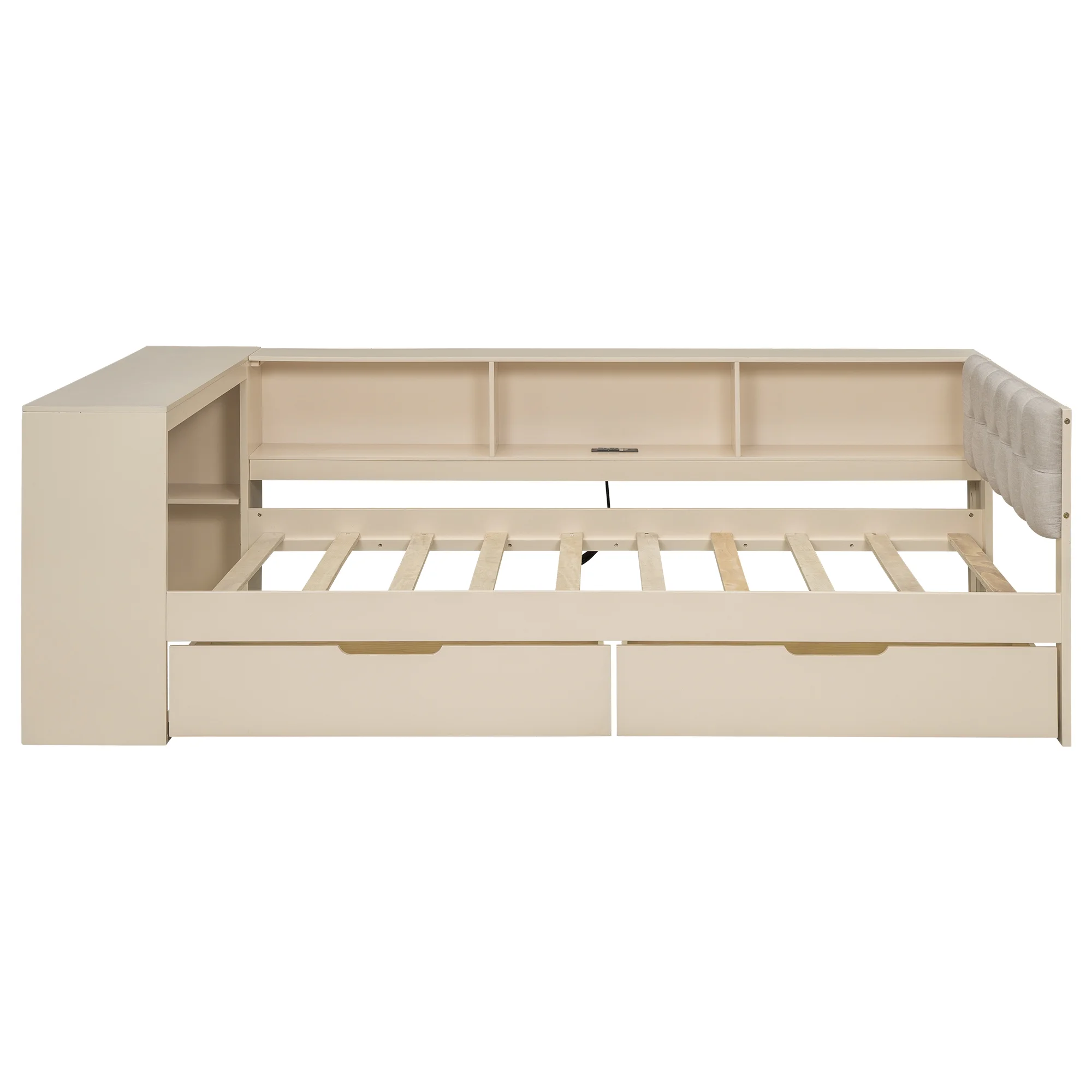 Euroco Wood Twin Size Platform Bed with Desk and Shelves, Drawers and USB Charging for Kids, Cream