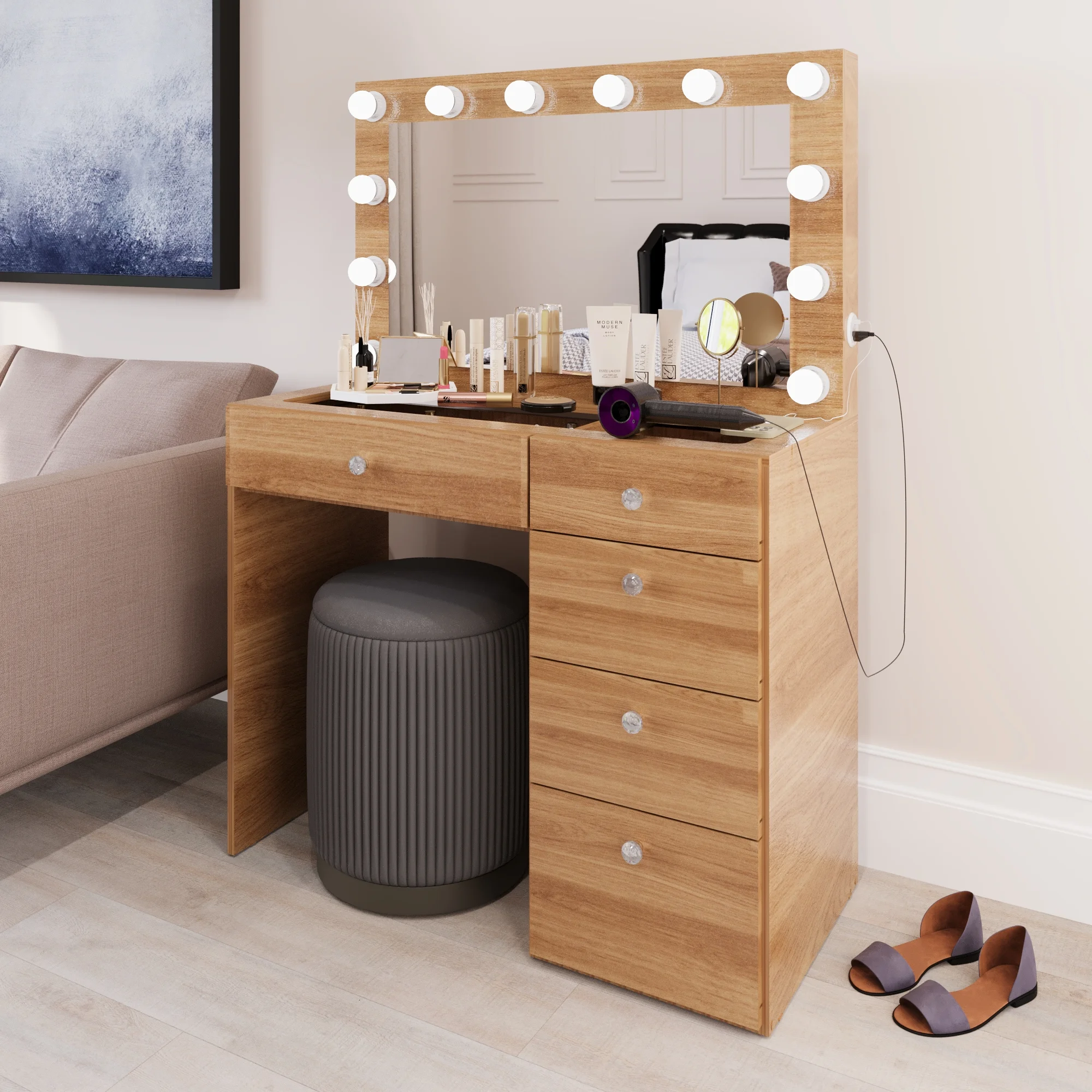 Boahaus Alana White Vanity Desk with LED Lighted Mirror, 5 Drawers, Jewelry Divider, Bluetooth Speakers, and Charging Station