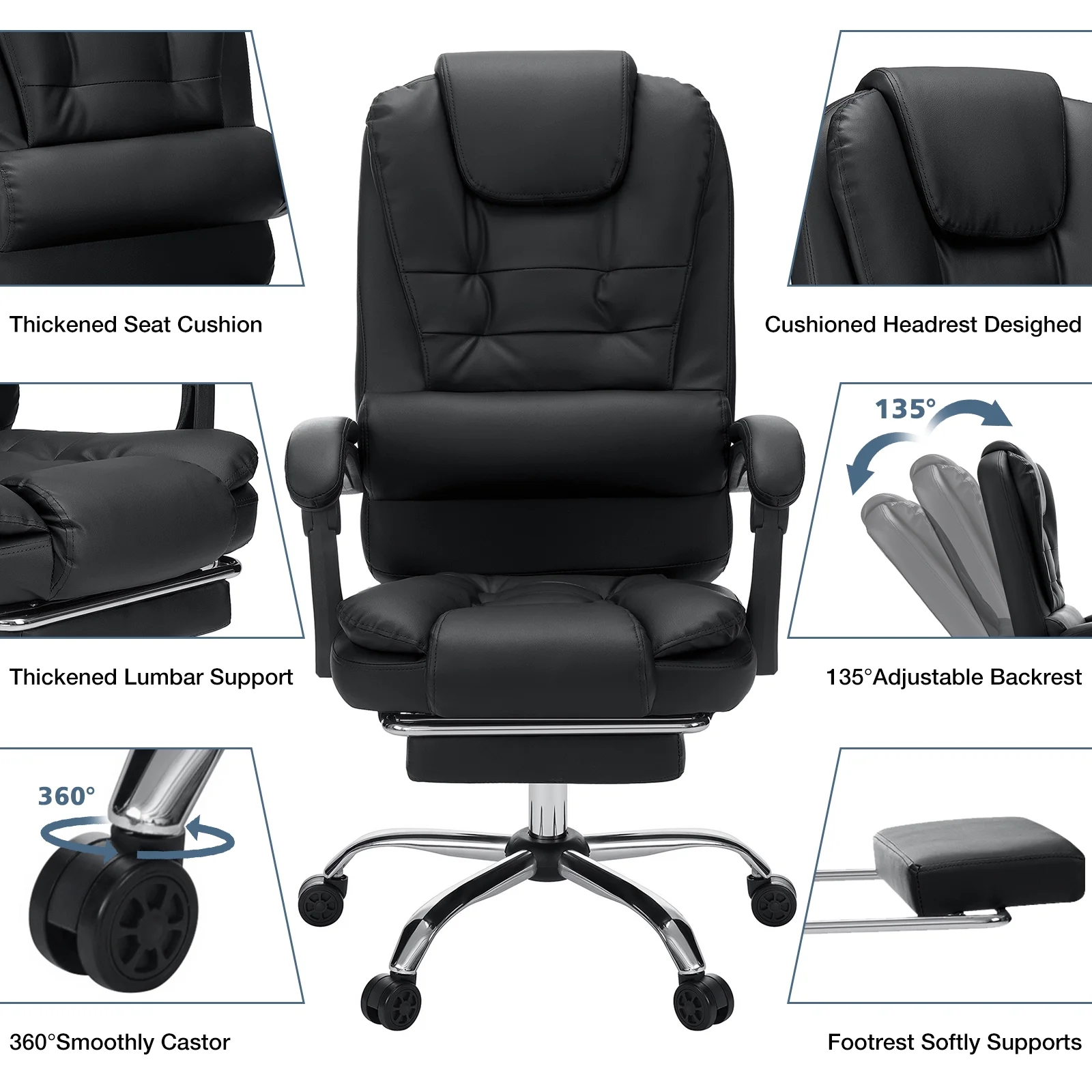Hoffree Executive Office Chair Massage High Back Leather Office Chair with Footrest Reclining Computer Desk Chair Lumbar Back Support Swivel Rolling for Home Office Black