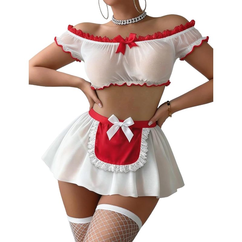 Sexy Maid Outfit Set Off-shoulder Mesh Top