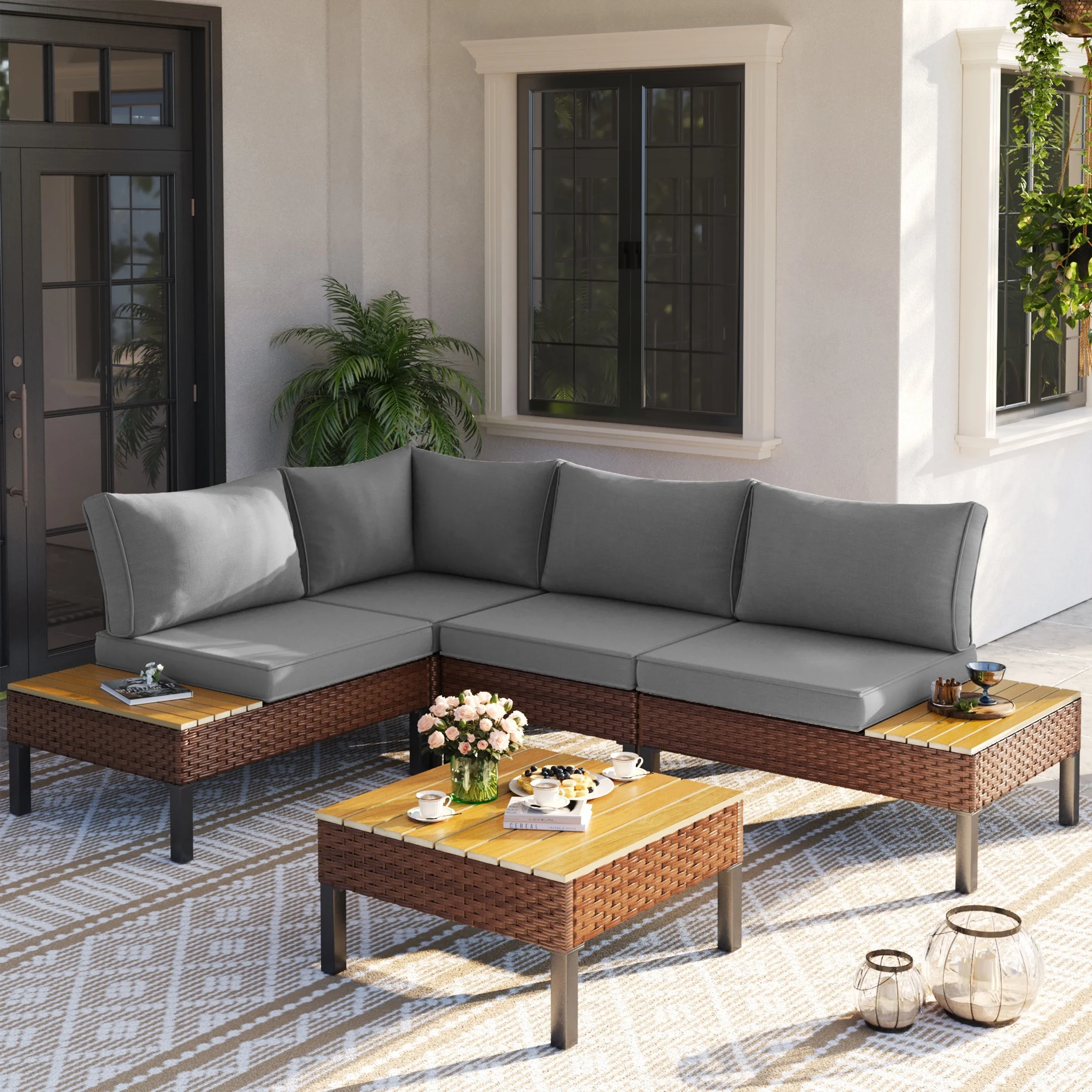 Poteban 5-piece Rattan Outdoor Patio Sofa Set,L-Shaped Sectional Sofa Couch with Coffee Table for Backyard,Lawn,Garden,Navy Blue