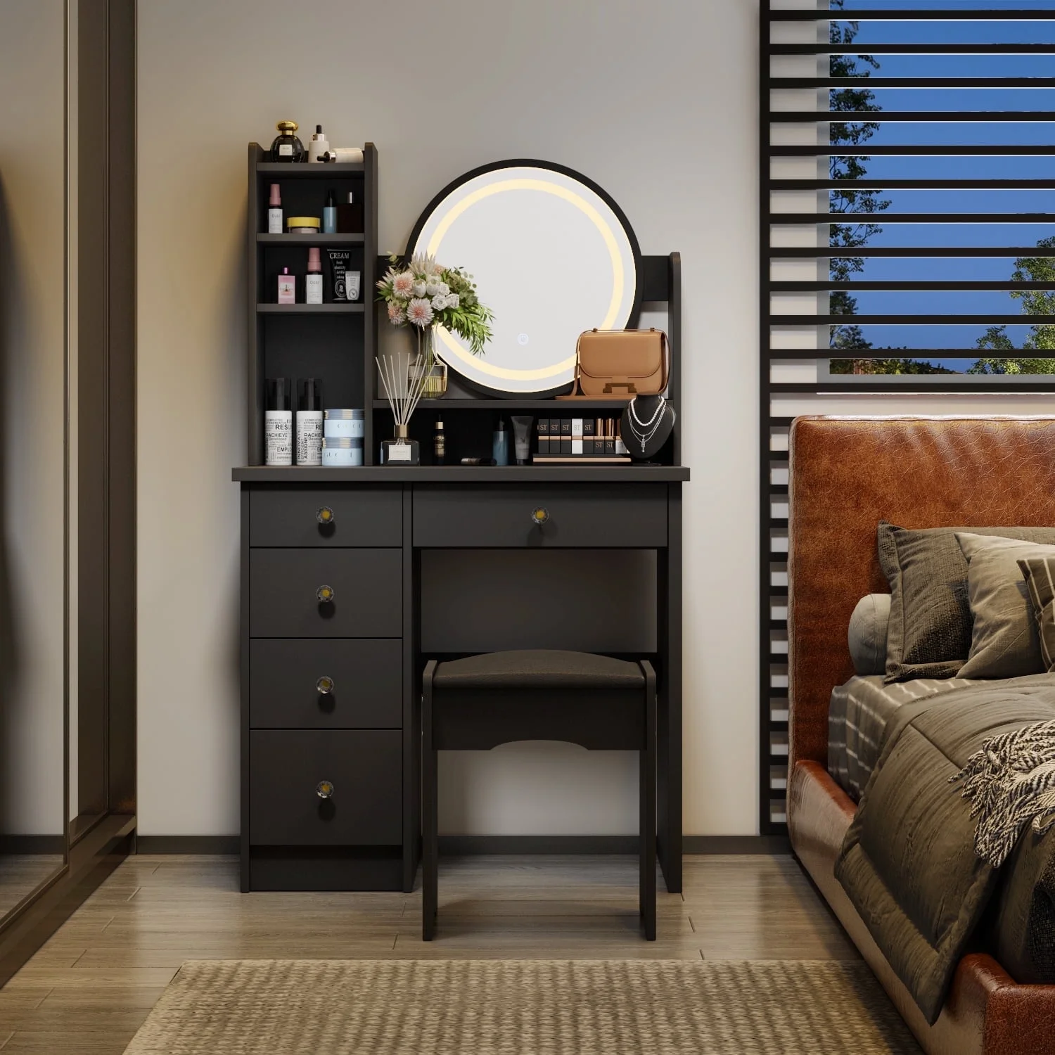OXYLIFE Makeup Vanity Desk Table with Sliding LED Lighted Mirror, Cushion Stool, 4 Drawers and Shelves, White+Gray