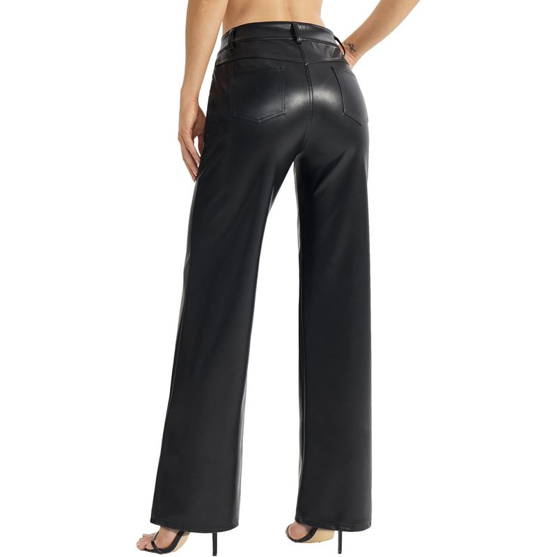 Women's Faux Leather Pants Button Straight Leg PU Jeans with Pockets