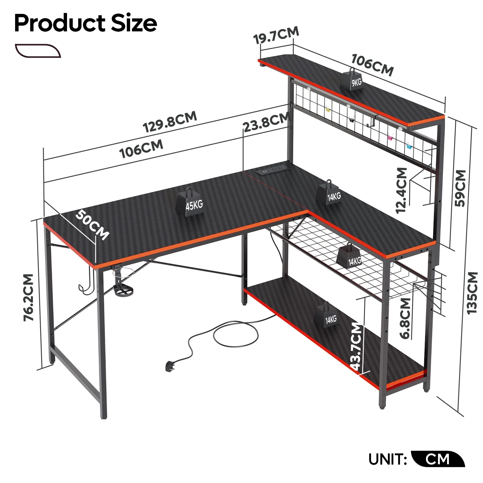 Bestier 51 L Shaped Gaming Desk with Power Outlets & LED Light, Computer Desk with 4 Tiers Shelves for Home Office, Reversible Gamer Table with Hooks and Cup Holder, Carbon Fiber