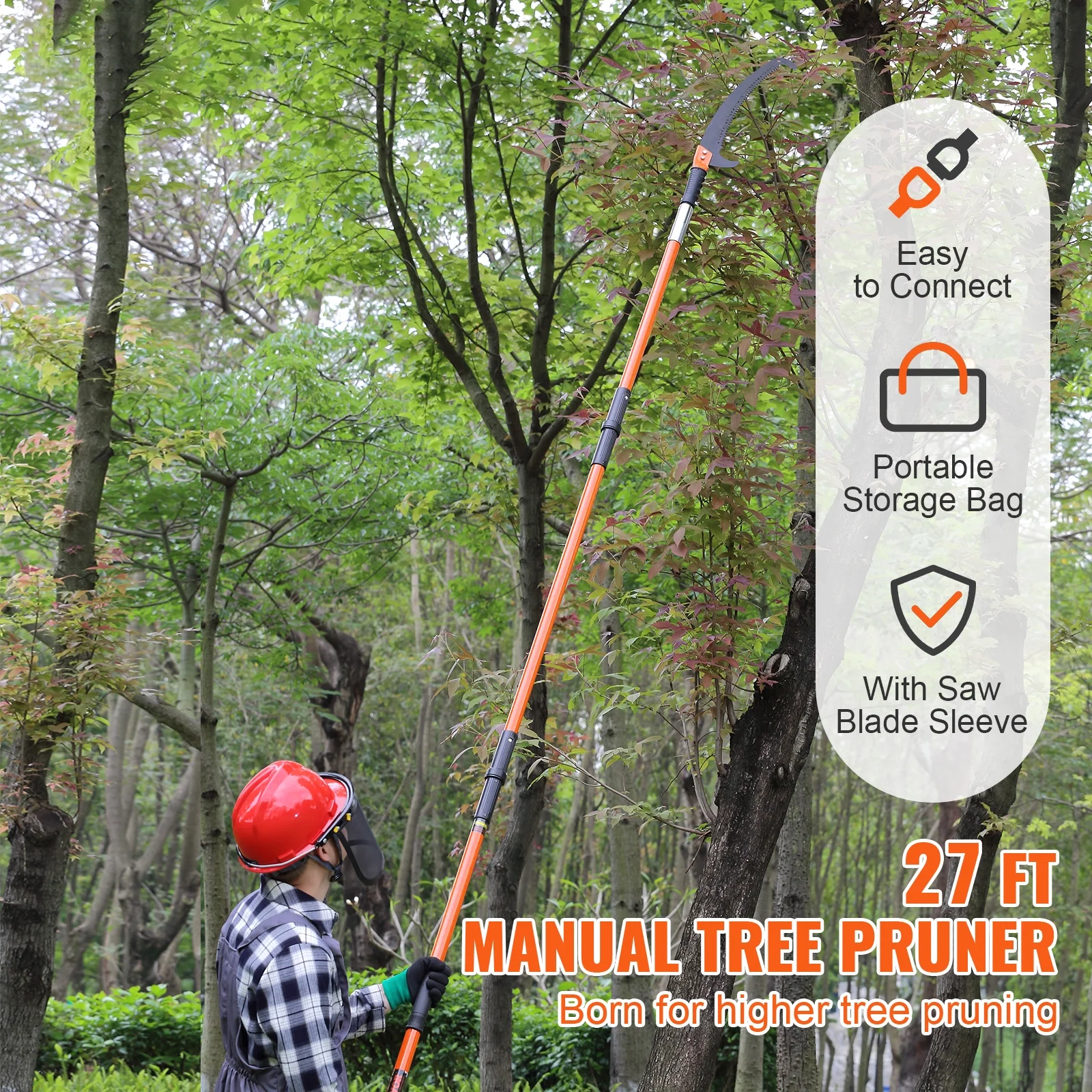 KFFKFF Manual Pole Saw Extendable Tree Pruner 7.3-27ft Fiberglass Pole Hook Knife