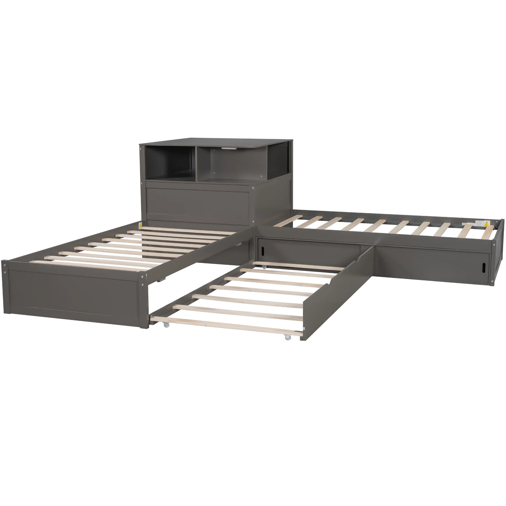 Euroco Pine Wood L-Shaped Twin Platform Bed with Storage Desk, Cabinets, Trundle and LED Light for Kids Teens, Gray