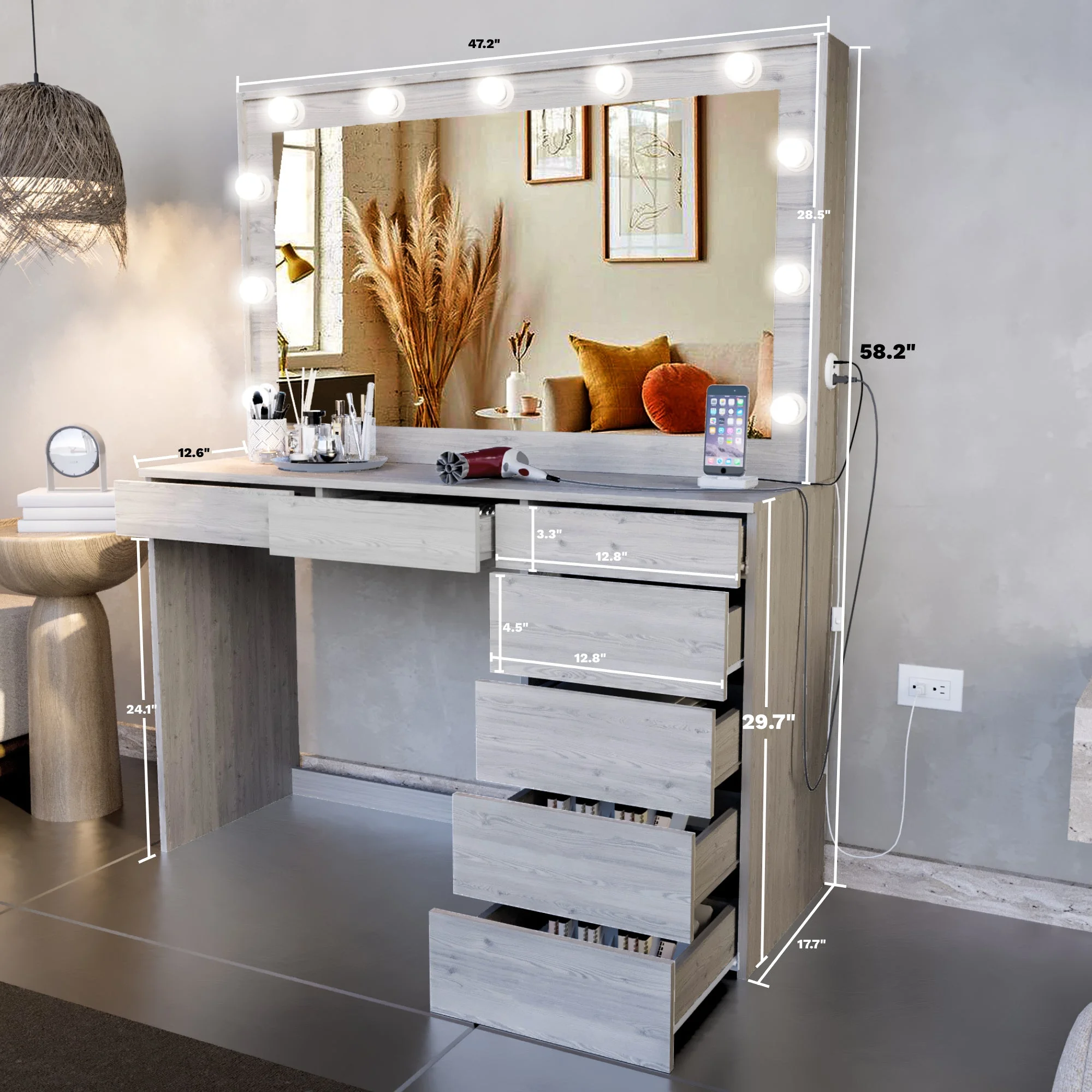 Ember Interiors Peggy Vanity Desk with Lighted Mirror and USB Ports