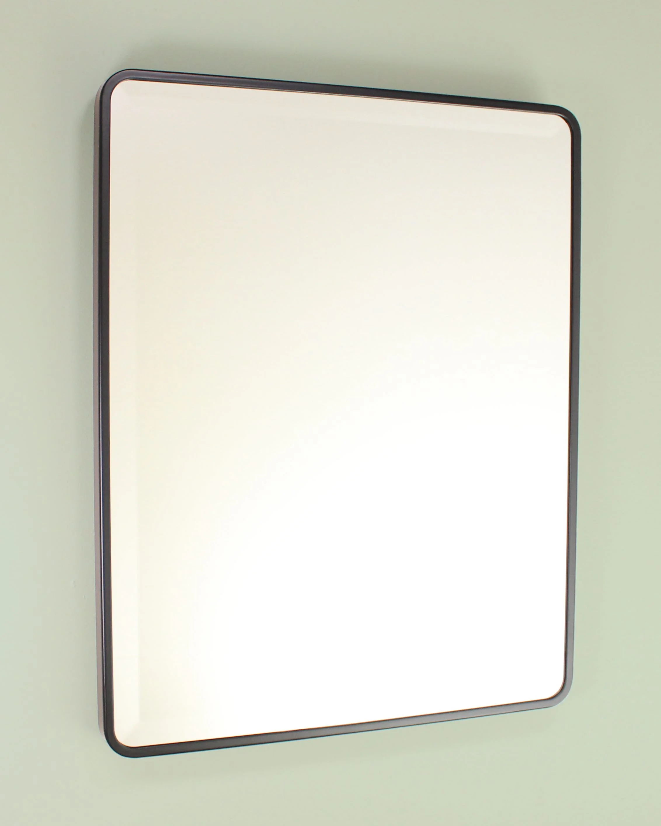 16x20 Austin Farmhouse Metal Framed Rounded Rectangle Recessed Bathroom Medicine Cabinet, Beveled Mirror, 14x18 in-Wall Opening, Powder-coated Steel, Adjustable Glass Shelves, Magnet Close, Black