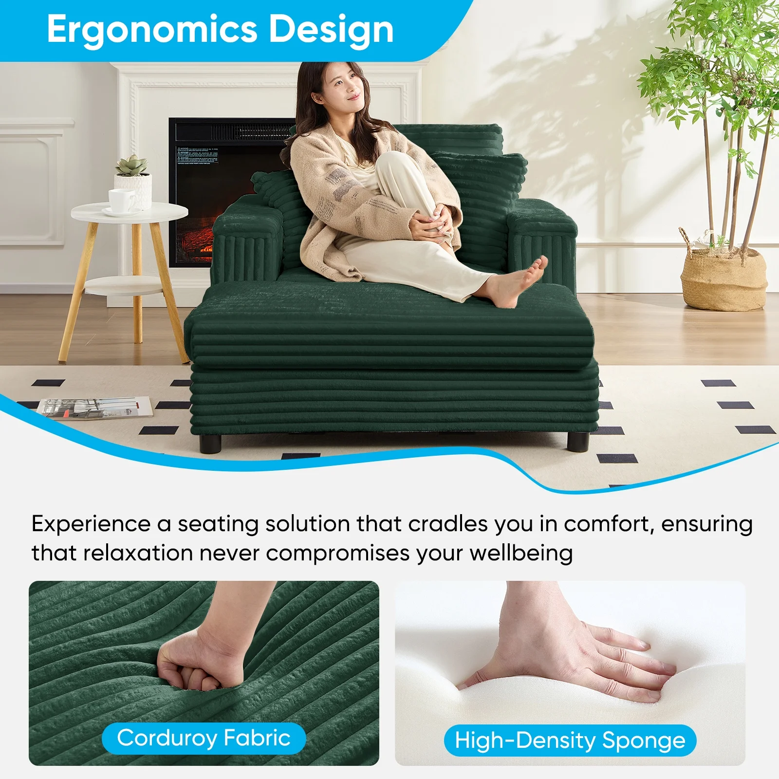 Mjkone Oversized Accent Chair?with Ottoman for Living Room, Single Indoor Lounge Sofa Armchair with Storage Armrests,Green