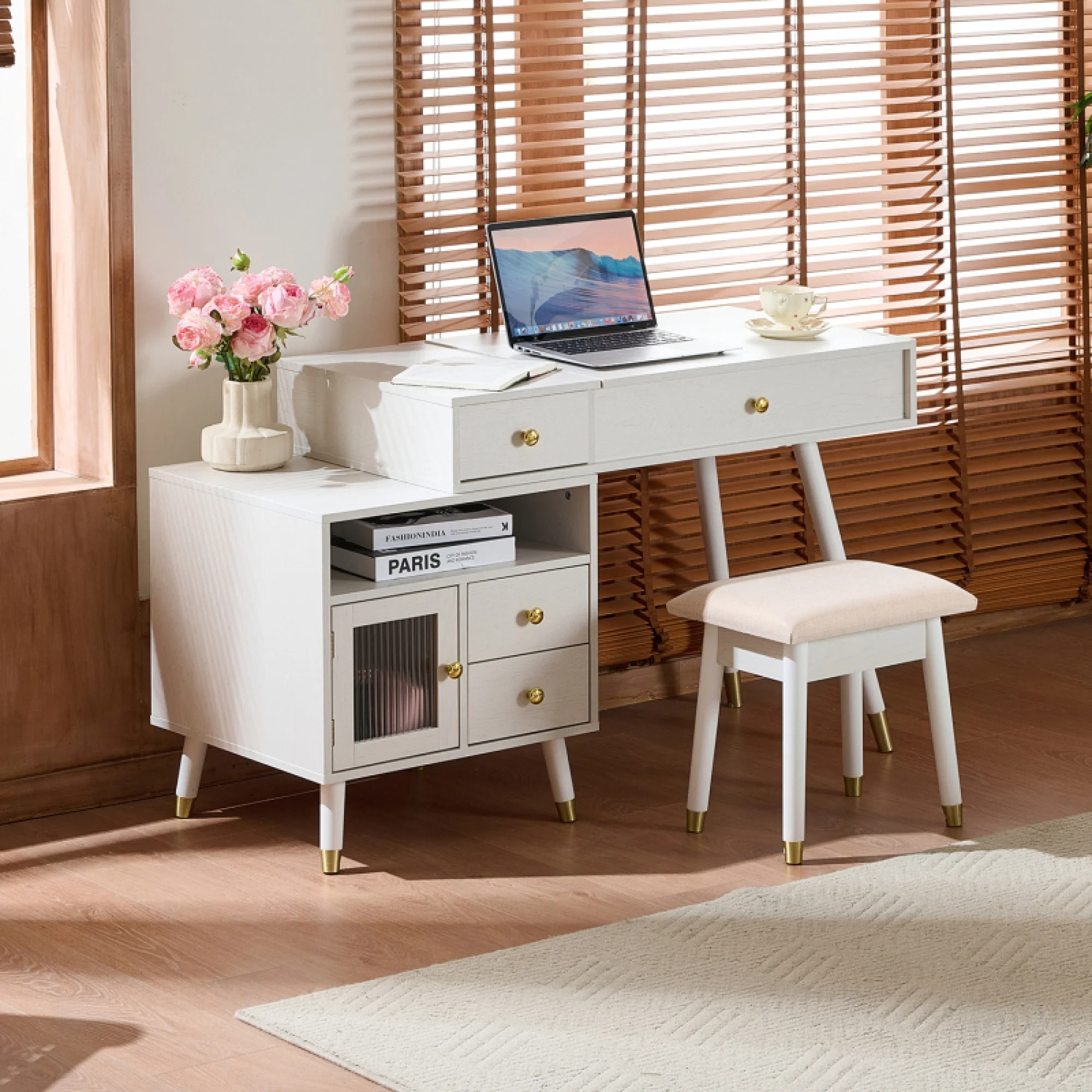 3-in-1 Vanity Desk with Lighted Flip-Top Mirror & Adjustable Cabinet, Makeup Dressing Table with Stool, Dresser with Drawers for Bedroom, White