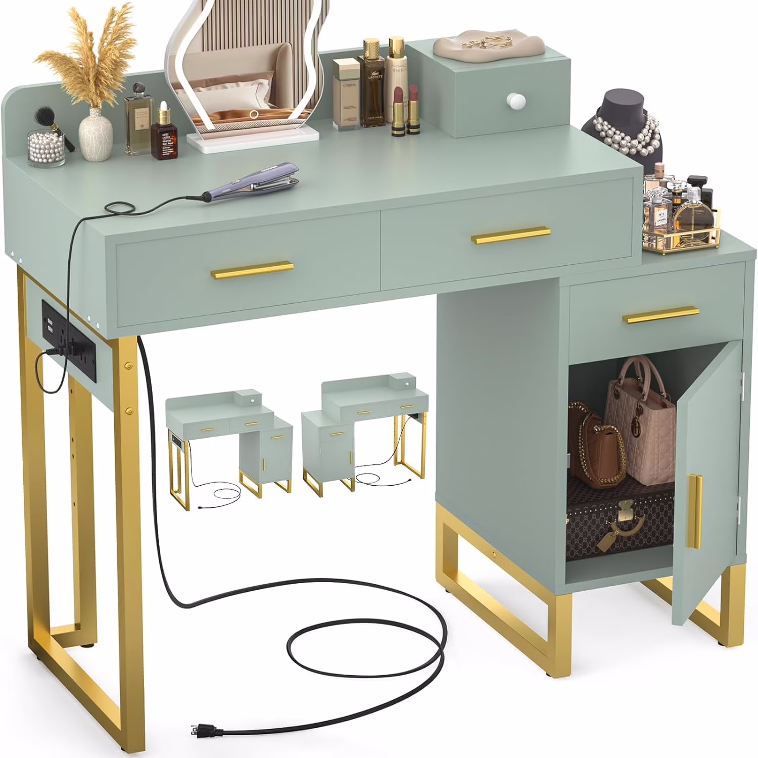 Vanity Desk With 4 Drawers and Cabinet, Makeup Vanity Table With Charge Station Socket, Small Space Makeup Bedside Cupboard, Gift for Her Choice, Suit for Apartment/Dorm/Bedroom, Cute Pink