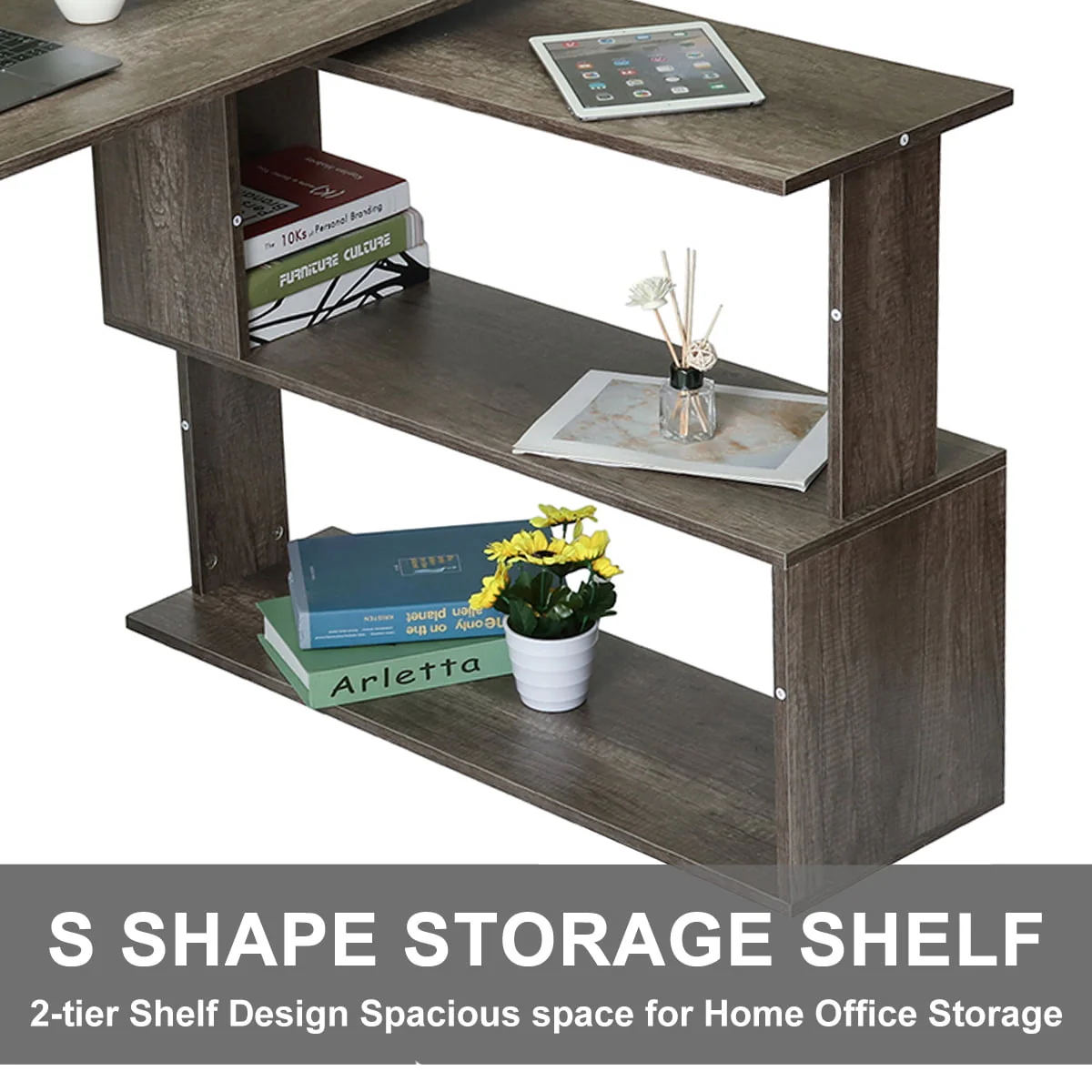Hoffree 360 Degree Rotating Computer Desk L Shaped Corner Desk with Storage Shelf Office Home Study Workstation