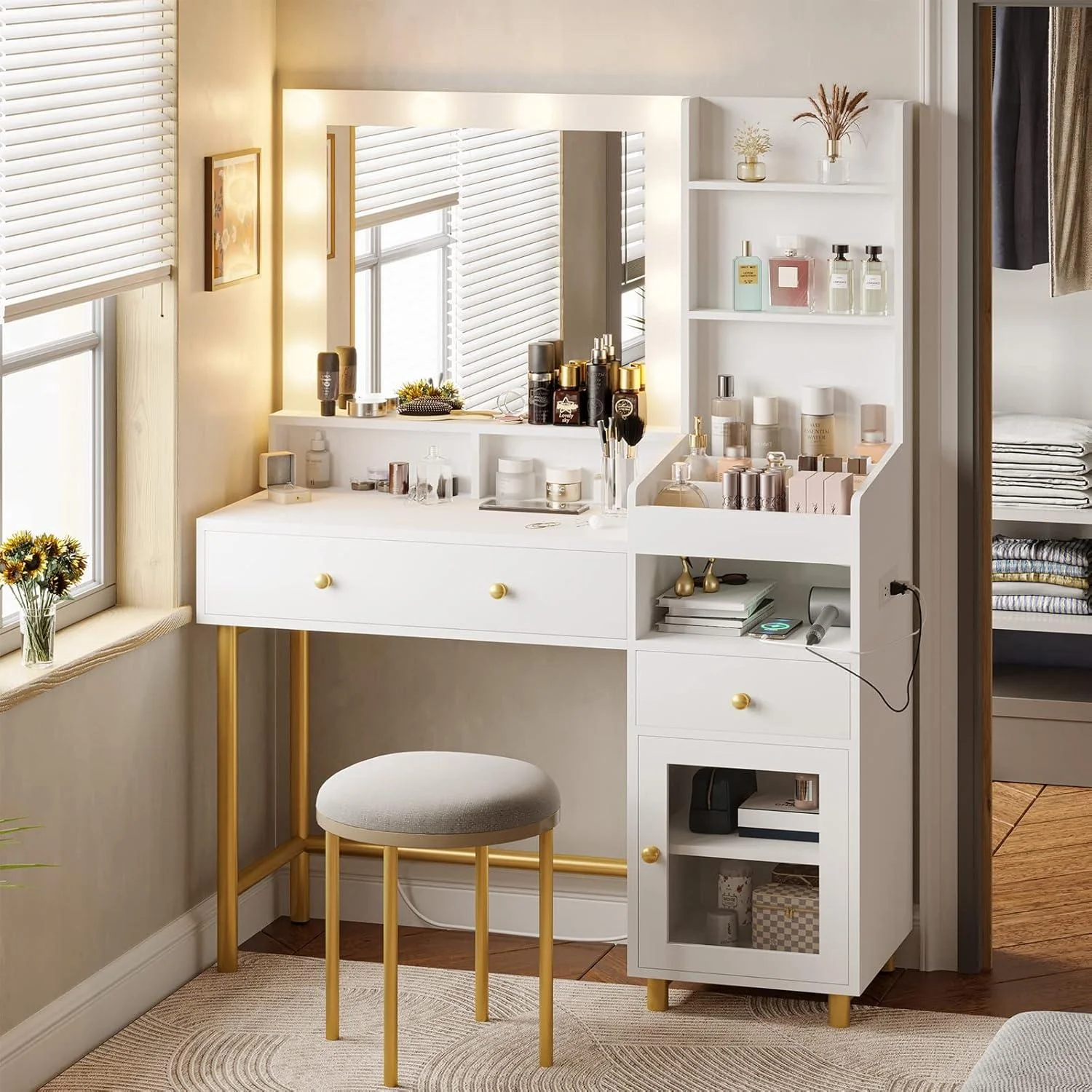 AOGLLATI Makeup Vanity Desk with Mirror & Lights in 3 Colors White Dressing Table with Charging Station & Unique Separation Design