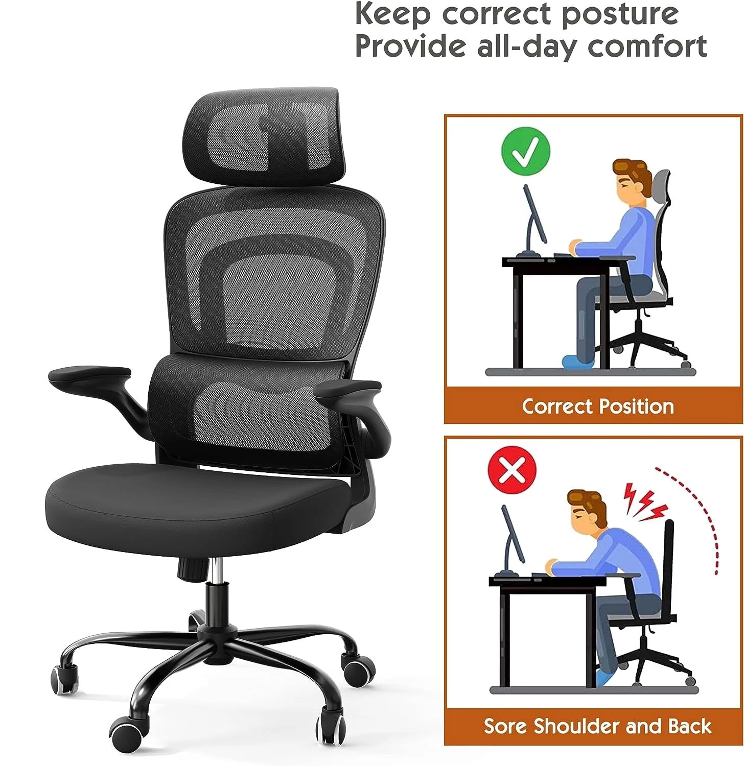 Blarity Ergonomic Office Chair, High Back Mesh Desk Chair with Lumbar Support and Adjustable Headrest