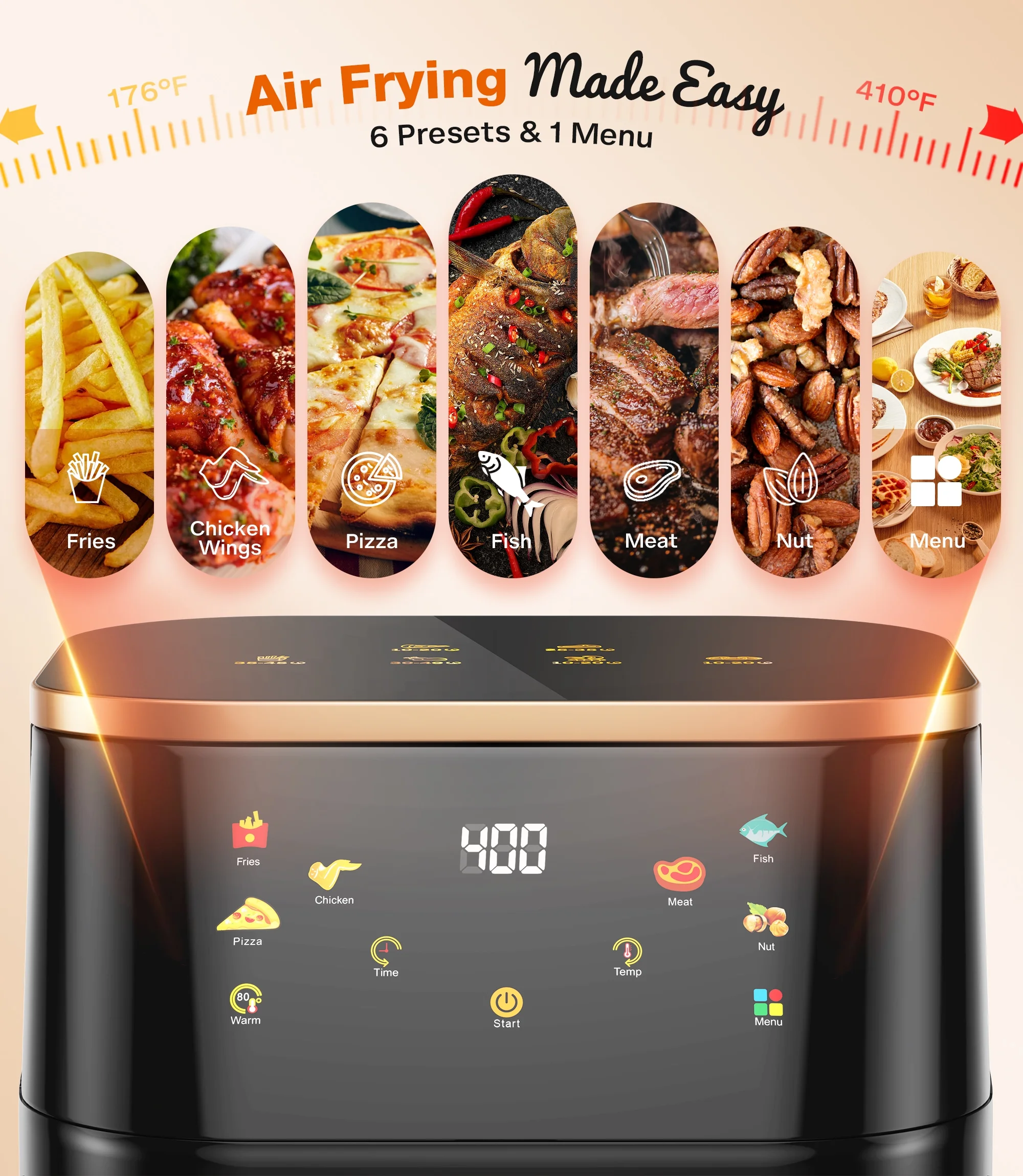 Suodoka Air Fryer 10 Qt Max 450F for Cooking, 6 Presets Fry Touch Panel Easy View Window, New Black