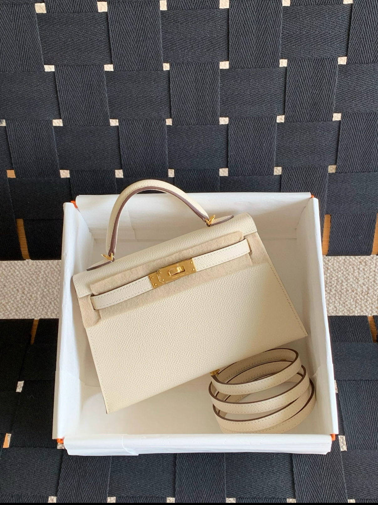 Hermès Kelly mini 2 19 crema EPSOM fibbia oro personalizzata