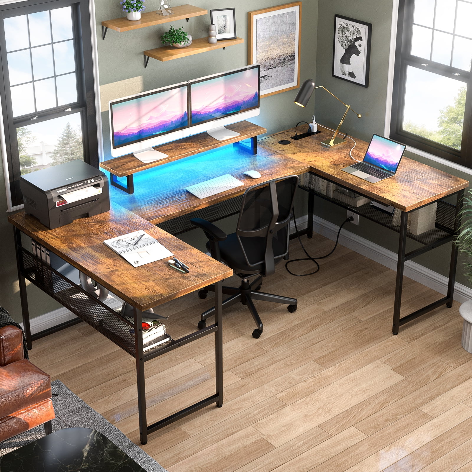 Homieasy U Shaped Desk with Power Outlet and LED Strips, 129.9'' Ergonomic L-Shaped Gaming Desk with Monitor Stand, Reversible Corner Computer Desk with Storage Shelf for Home Office, White Oak