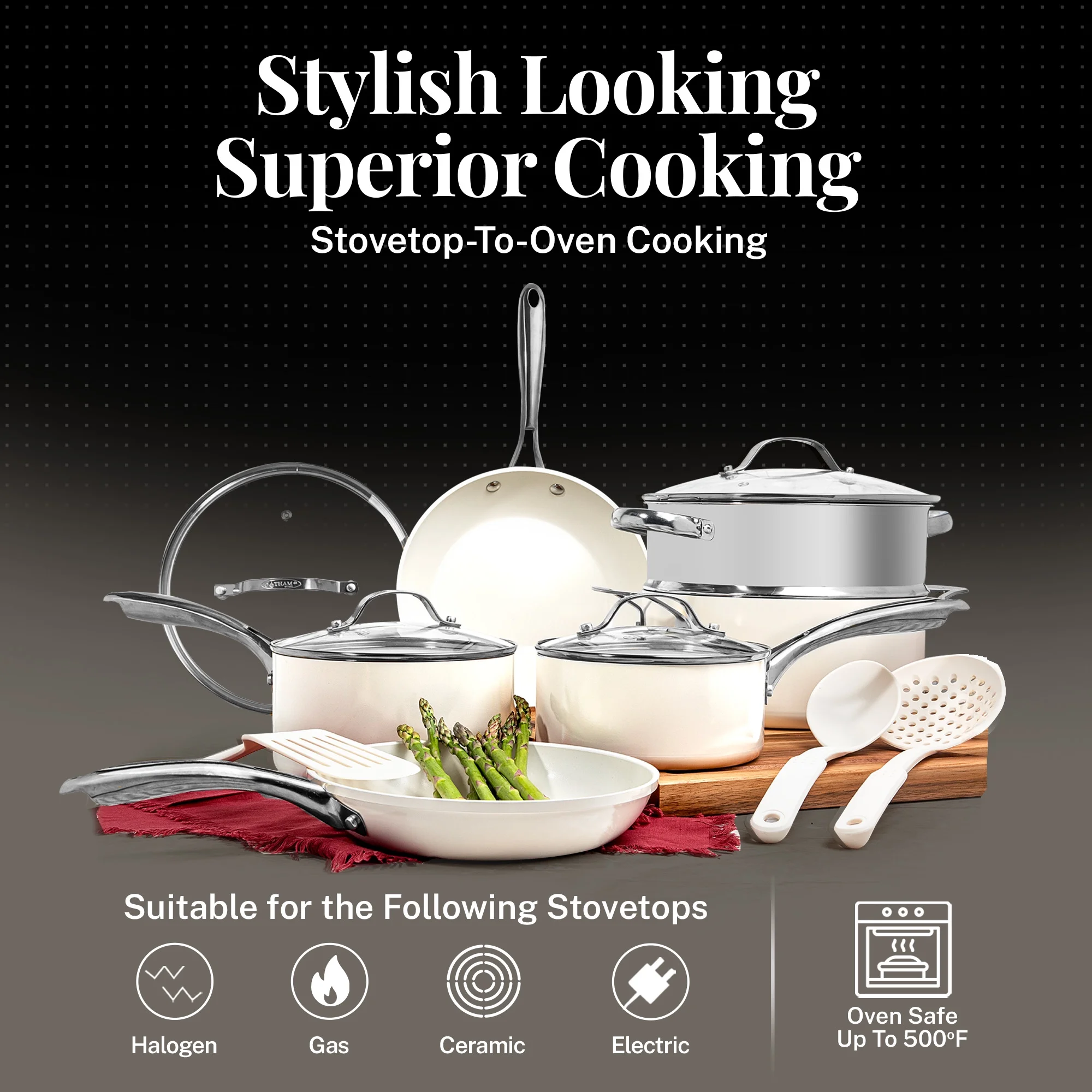 Gotham Steel 20 Pc Ceramic Pots and Pans Set Non Stick, Kitchen Cookware Sets with Knife Set, Pot and Pan Set, Ceramic Cookware Set, Non Stick Pots and Pan Set, Oven and Dishwasher Safe
