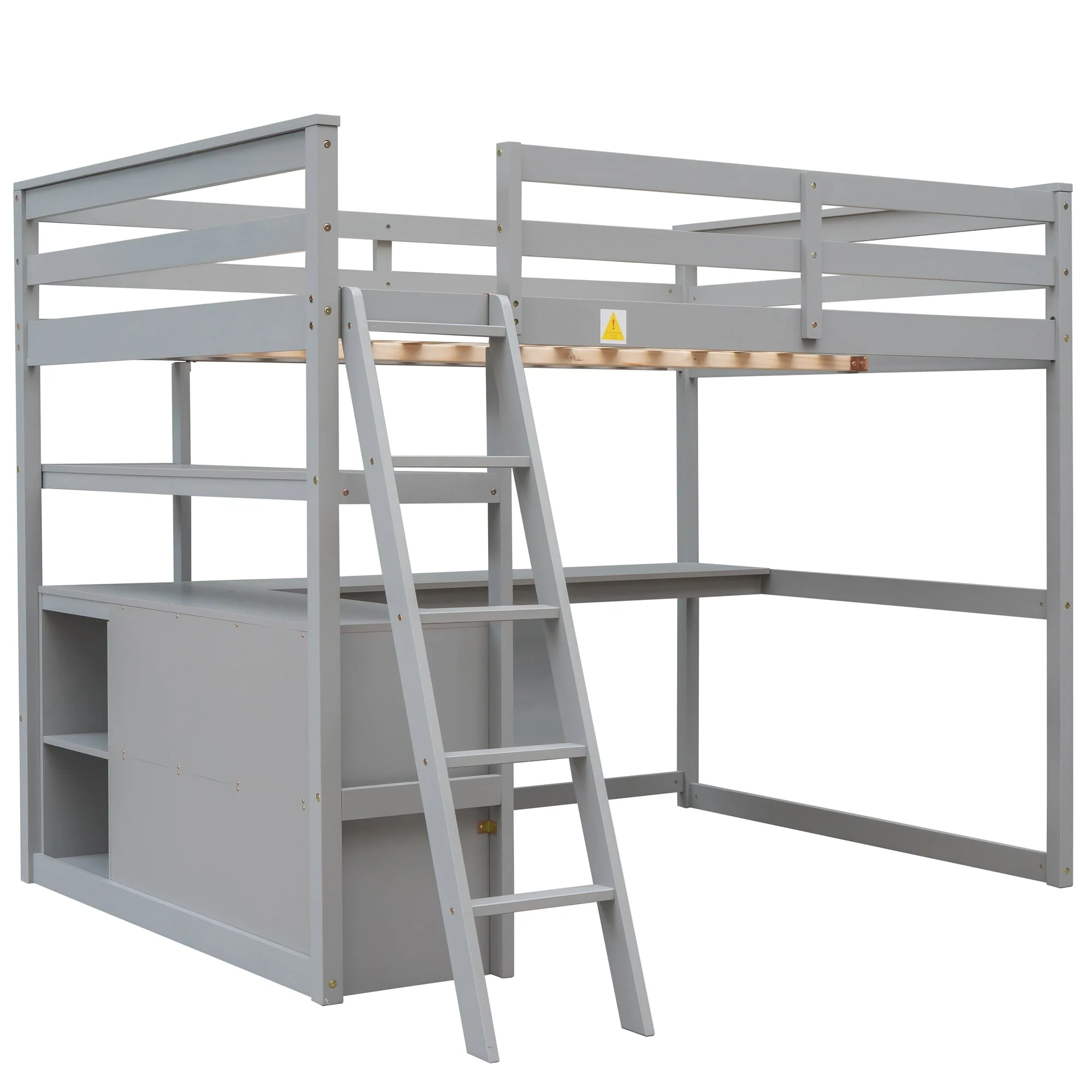 Euroco Full Size Wood Loft Bed with Desk, Shelves and Cabinets for Kids Room, Incline Ladder and 3 Drawers, Gray
