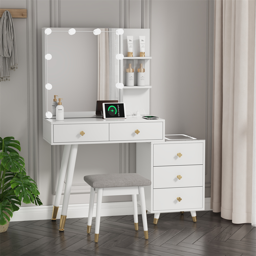 Tcbosik Makeup Vanity with LED Mirror & Charging Station, Vanity Desk with Ample Storage Space, Dressing Table with Shelves and 5 Drawers for Bedroom, White