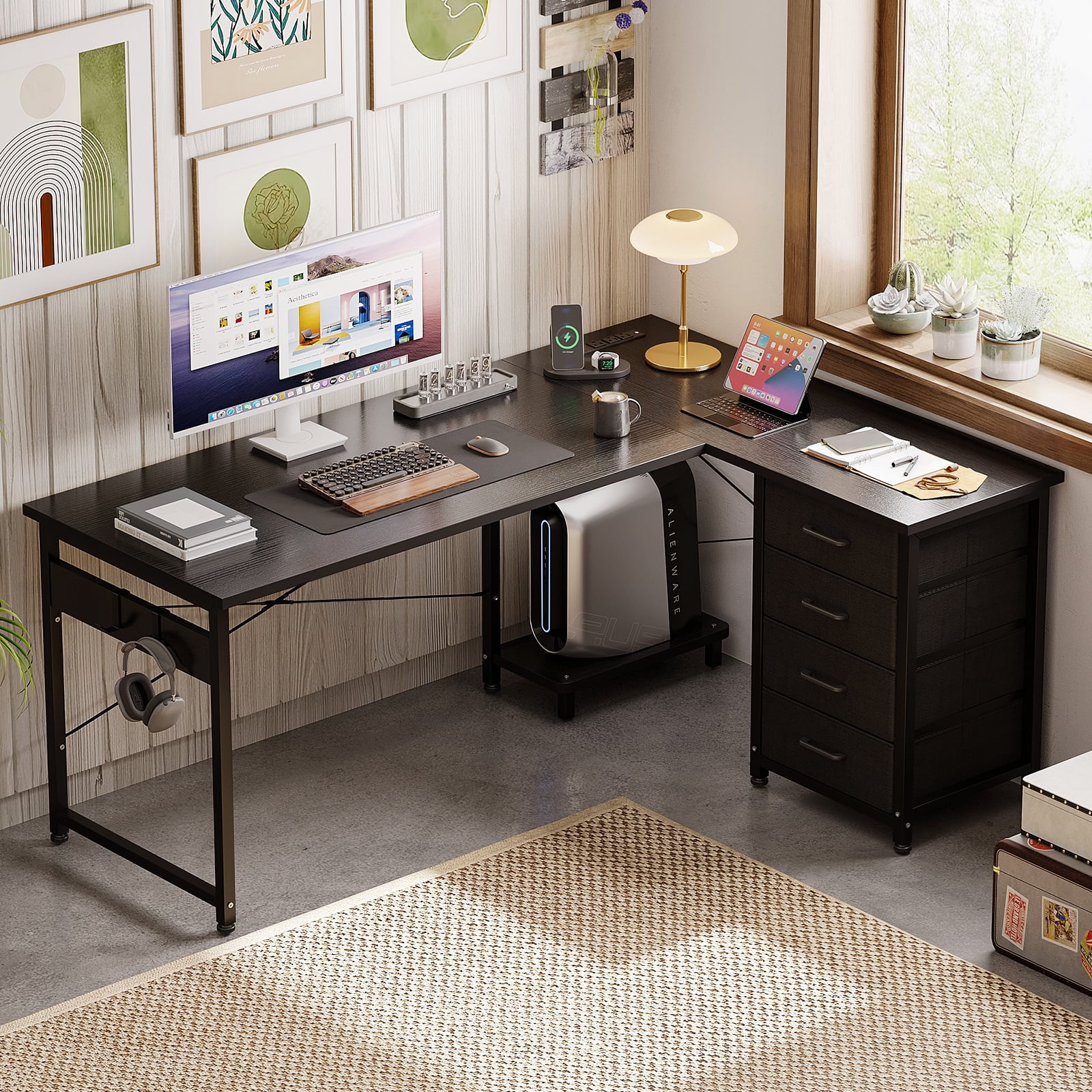 Reversible Modern Simple Style L Shaped Desk with Charging Station and Drawers, Pure Black