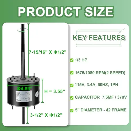 1/3 HP RV Air Conditioner Motor & Capacitor - Direct Replacement for Coleman Mach. Fasco D1092 - 5-Year Warranty
