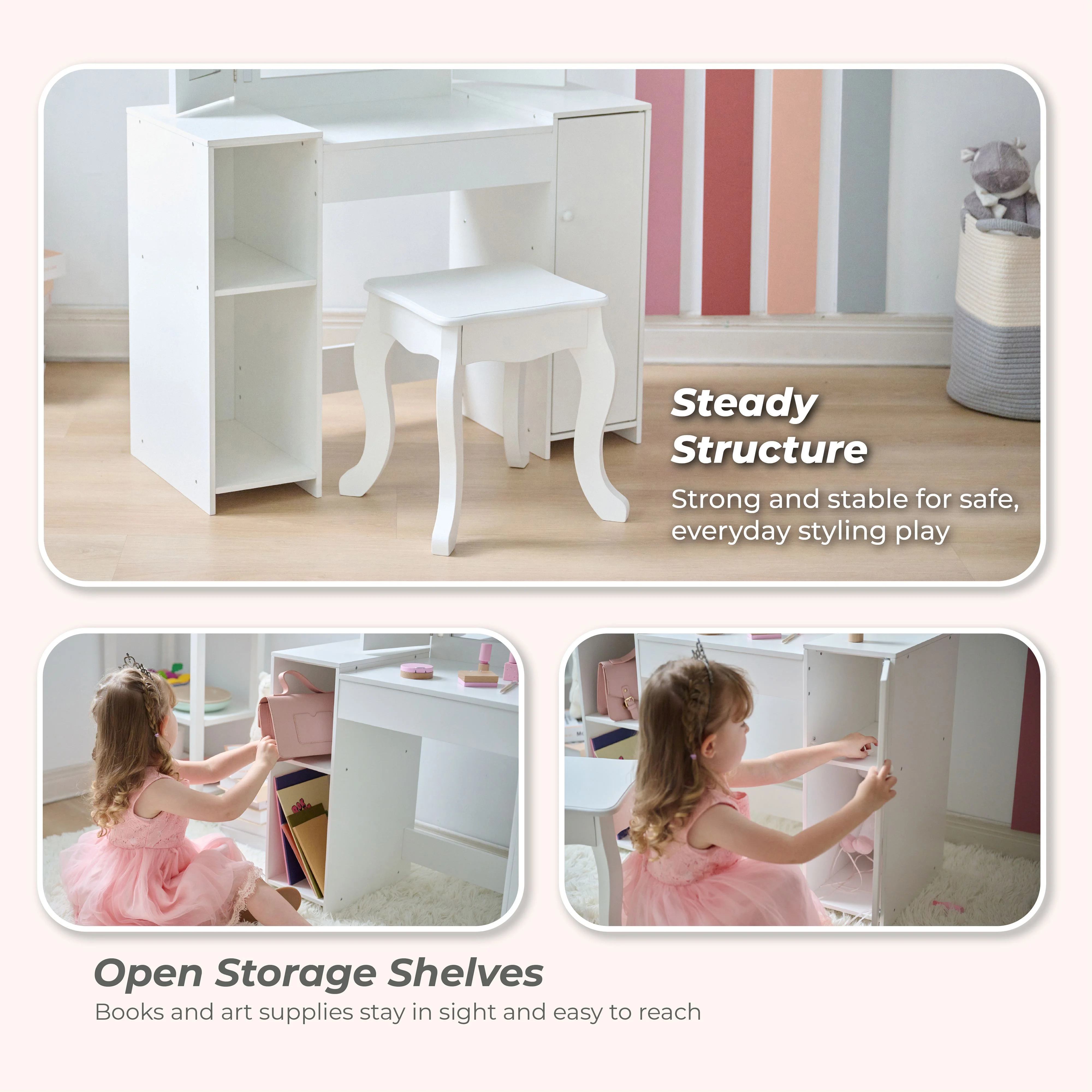 Teamson Kids 2-in-1 Wooden Vanity and Desk with LED Lights, Mirror & Stool �C Dual Purpose Play Makeup Vanity and Desk, Pretend Play for Girls Ages 3+