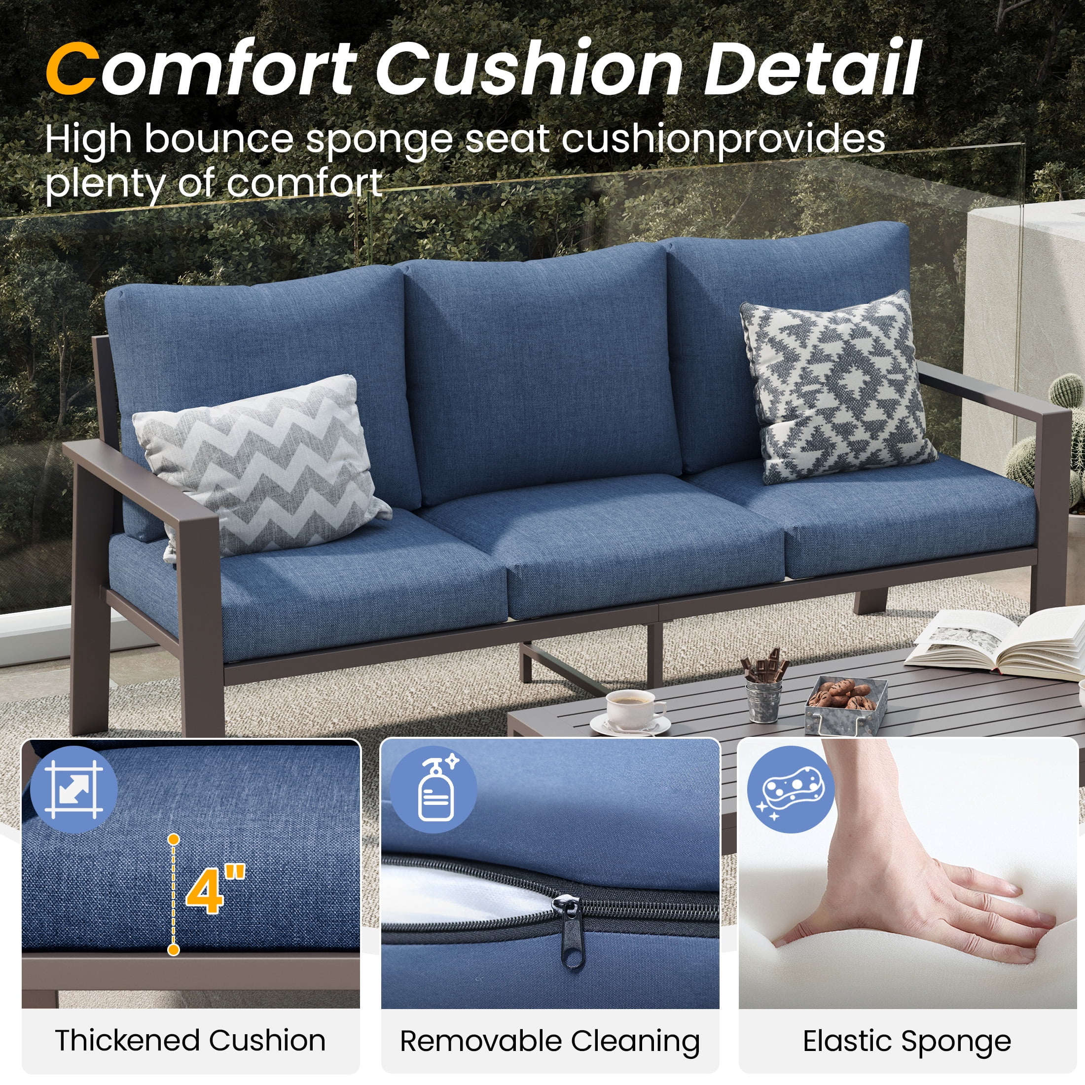 POTEBAN Aluminum Patio Furniture Set, Modern Metal Outdoor Sectional Sofa, Patio Conversation Sets with Side Table for Poolside, courtyard,Blue