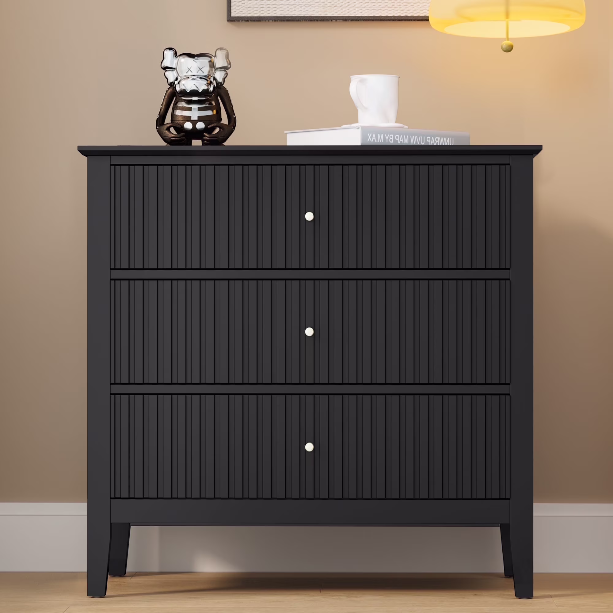 May Color Large White 3 Drawer Dresser Set of 2 with Fluted Panel, Modern Chest of Drawers with Silent Slide Drawers, Wood Accent Nightstand with Storage for Bedroom Living Room, Hallway