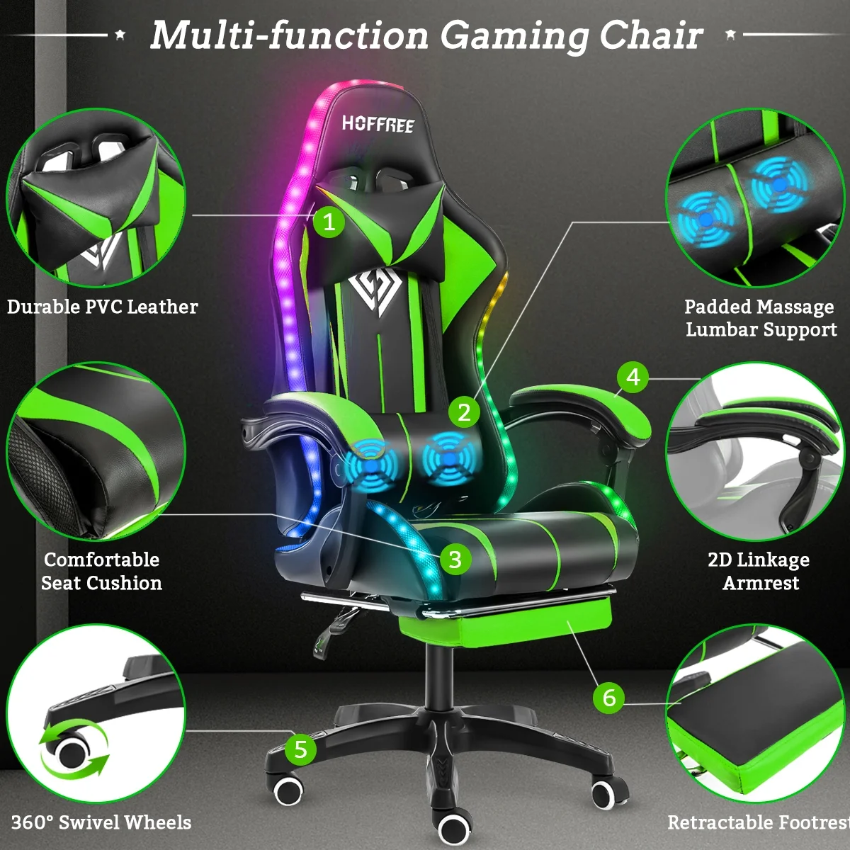 Hoffree Gaming Chair with Massage PU Leather Office Chair with Footrest and LED Light Ergonomic Gamer Chair Lumbar Support Adjustable Headrest High Back Computer Desk Chair for Home Office