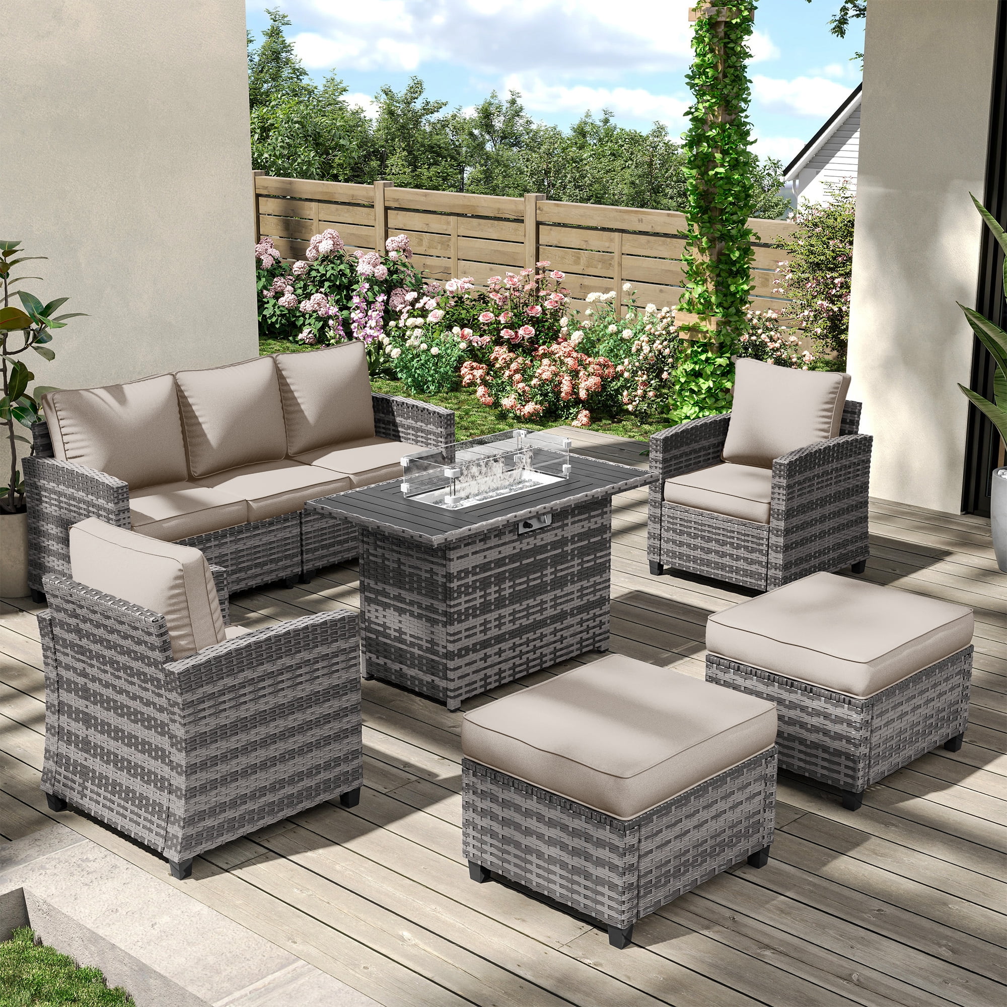 POTEBAN Patio Furniture Set, 7 Pieces Outdoor Sectional Sofa Couch with Chairs, Ottomans and Comfy Cushions, All Weather Wicker Rattan Patio Conversation Set for Garden Backyard Dark Grey