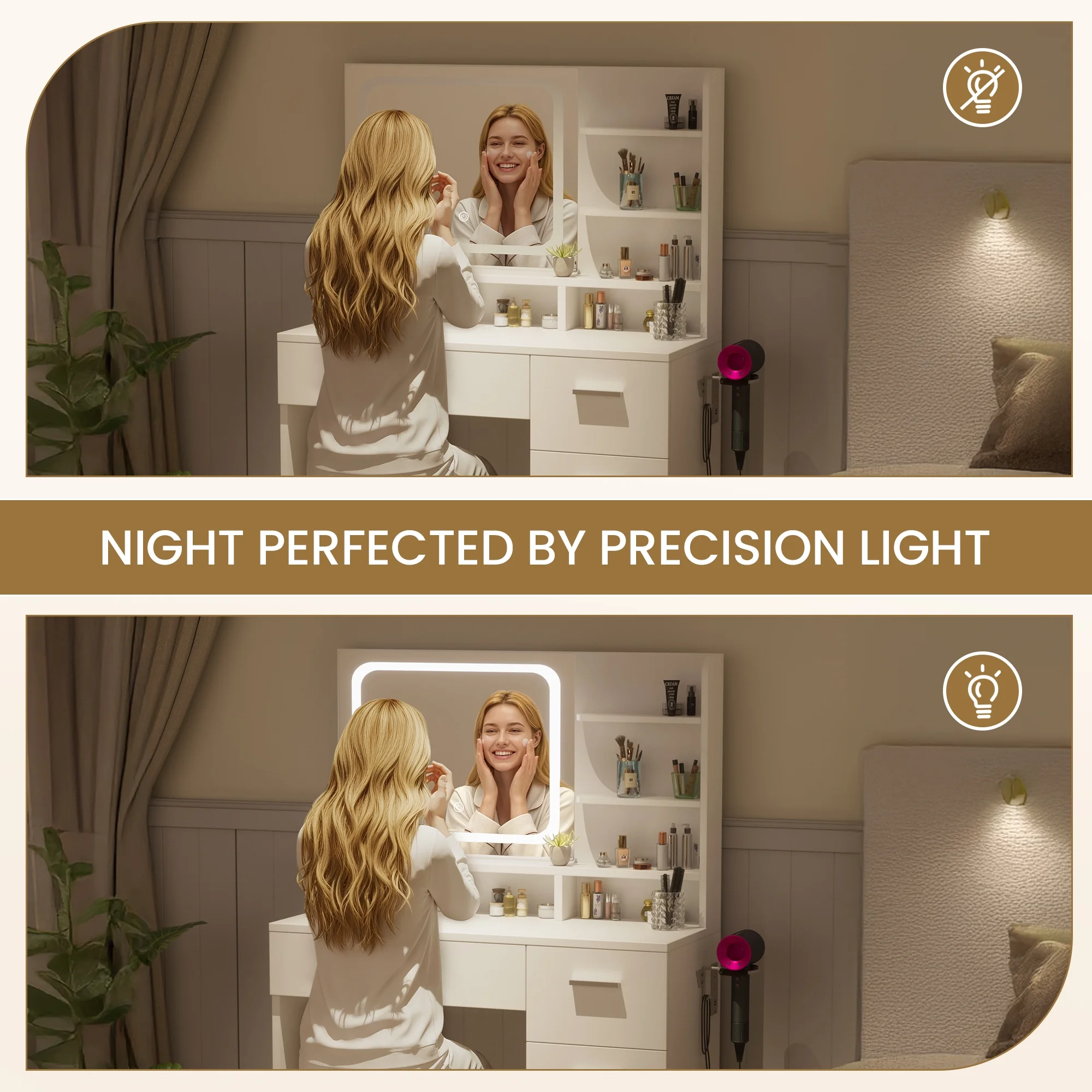 LIVELYGLOW Vanity Desk with Mirror and Lights, Makeup Vanity with Drawer & Storage Shelves, Cabinet, 3 Lighting Modes Adjustable Brightness,White