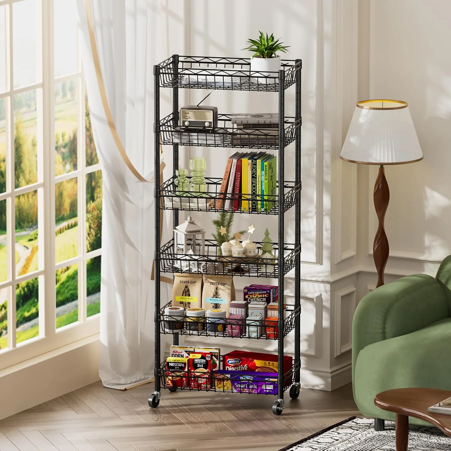6 Tier Wire Shelving Unit with Wheels Baskets Storage Rack Corner Shelves Adjustable Shelf Closet Bathroom Organizers Metal Pantry Kitchen Garage Laundry Room 13.5