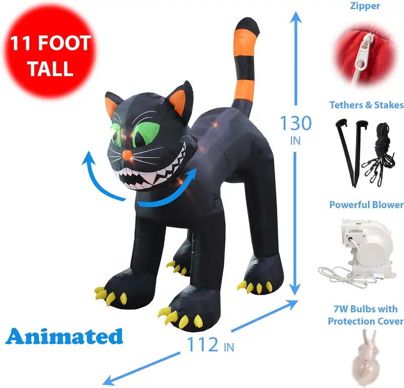 11-Foot Animated Halloween Inflatable Black Cat – Outdoor Decor with Motion Effects