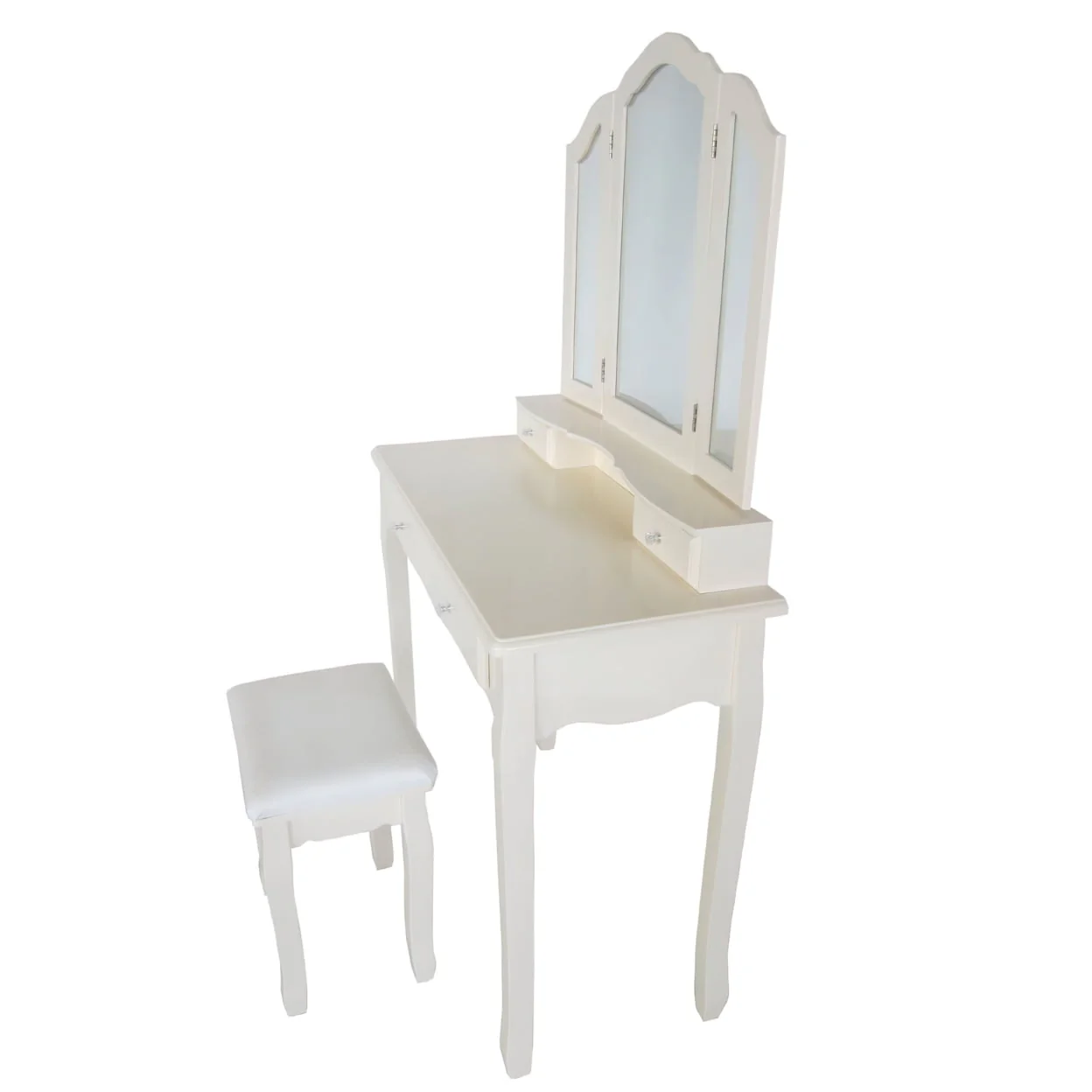 35 Inch 3 Piece Vanity Desk Set with Cushioned Stool and Elegant Trifold Mirror, 4 Drawers, Off White Solid Wood-Saltoro
