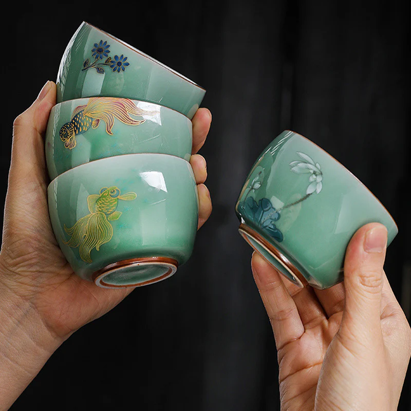 Buddha Stones Butterfly Goldfish Lotus Koi Fish Ceramic Teacup Kung Fu Tea Cup 120ml