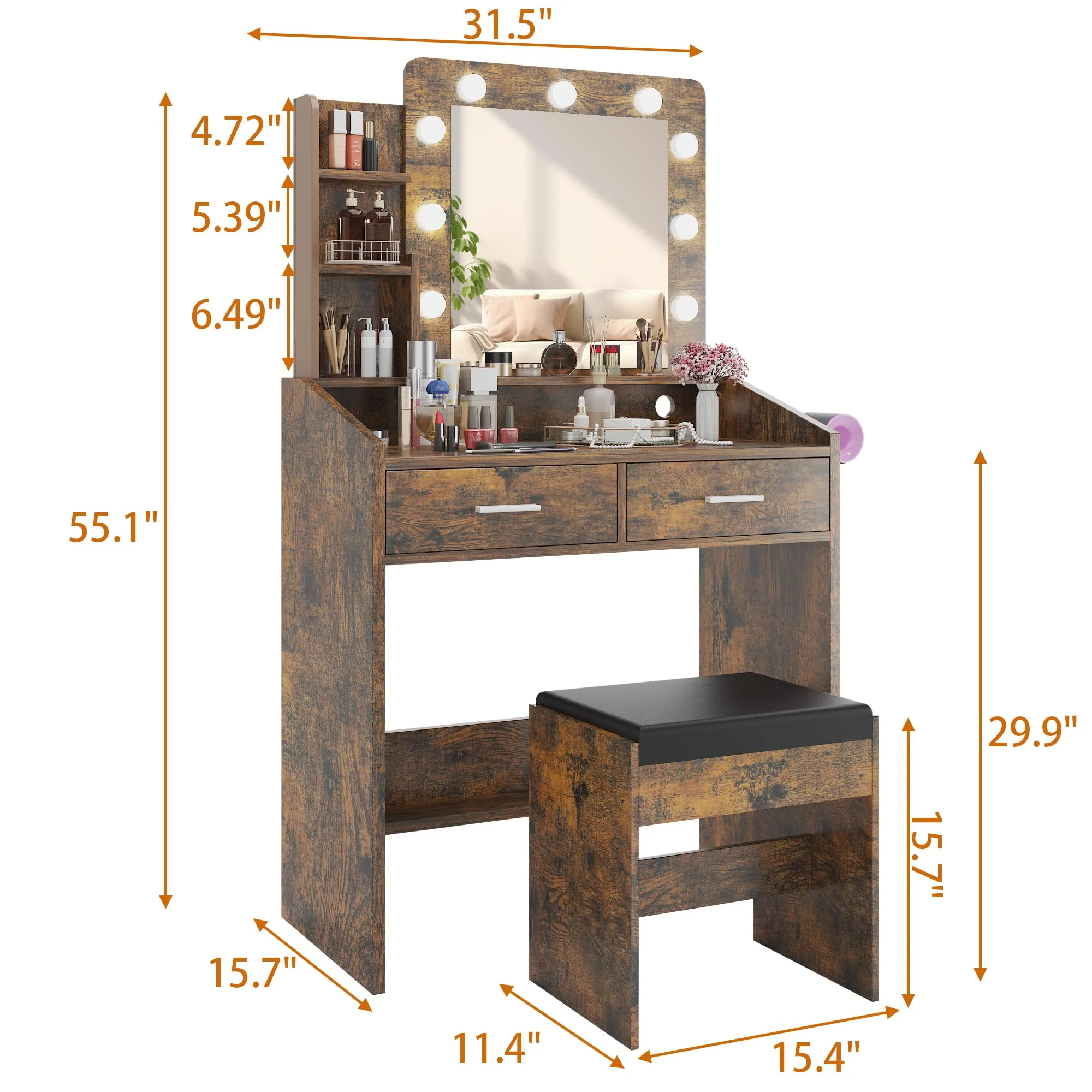 Yeshouse Vanity Desk with Mirror and Lights, White Makeup Vanity with 2 Drawers, 3 Light Mode and Brightness Adjusted, Makeup Table for Bedroom, Desk and Chair