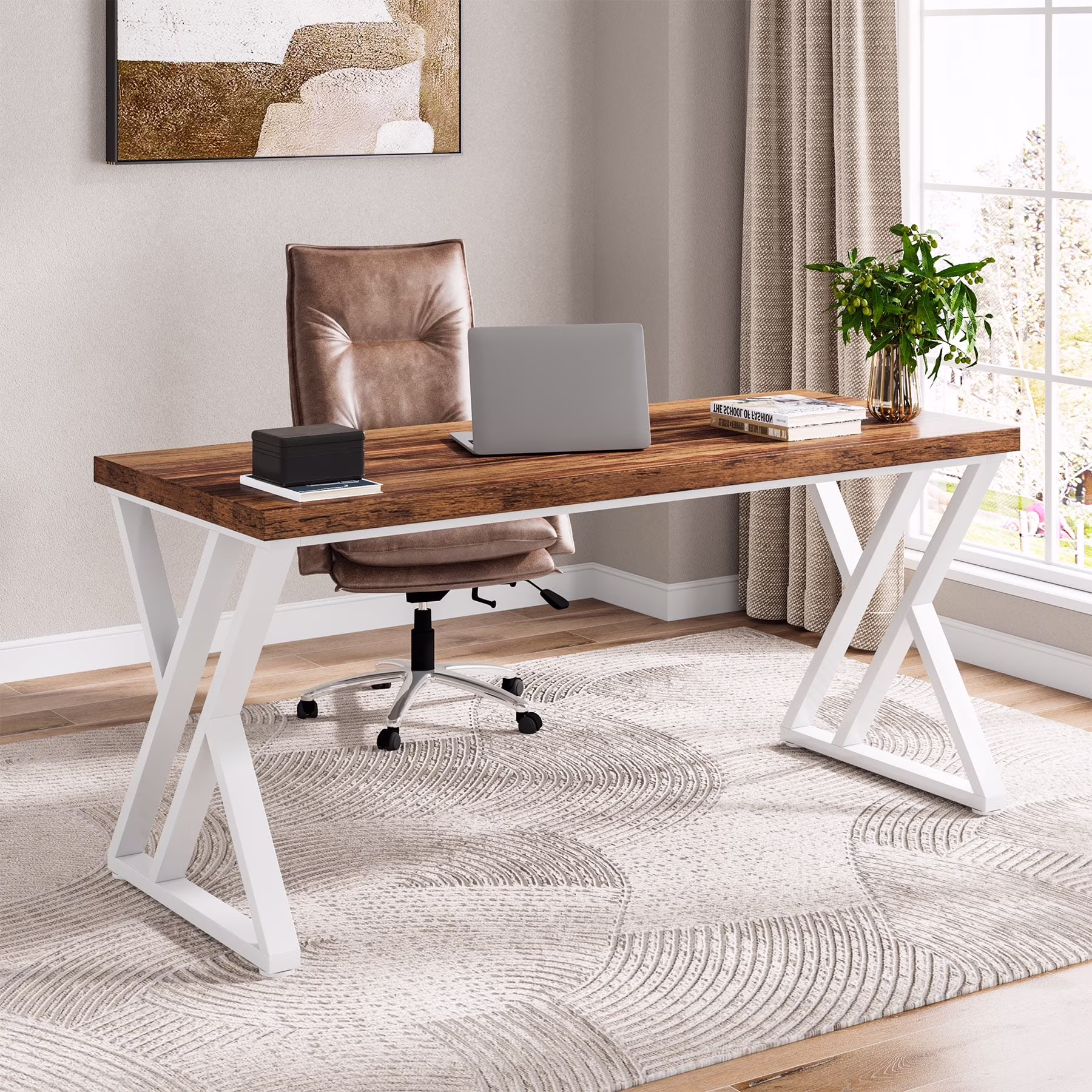 Heavy Duty Study Desk with Z-Shaped Metal Leg, Modern Simple Home Office Computer Desk, Rustic Brown
