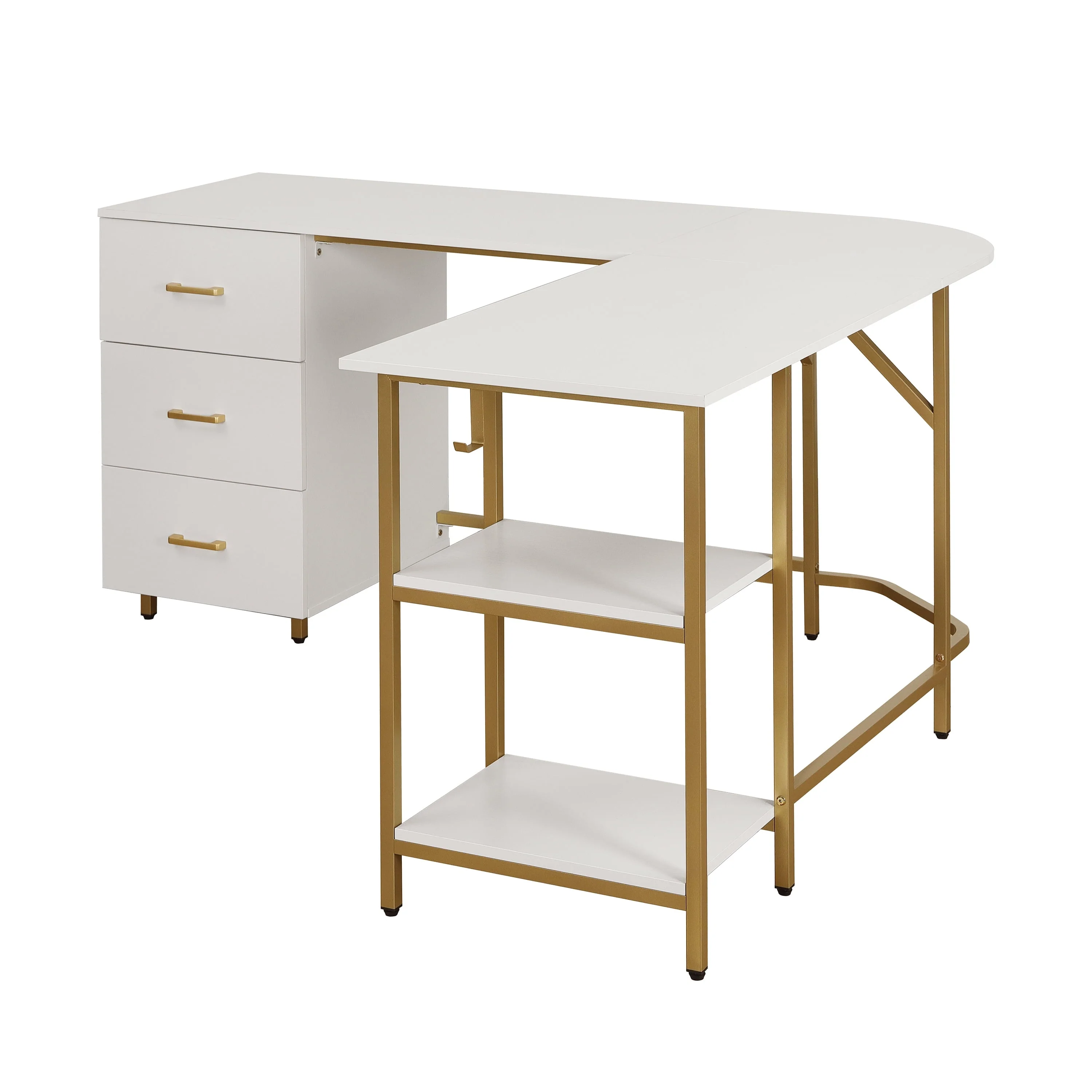 Techni Mobili L-Shape Home Office Desk with Storage, Gold