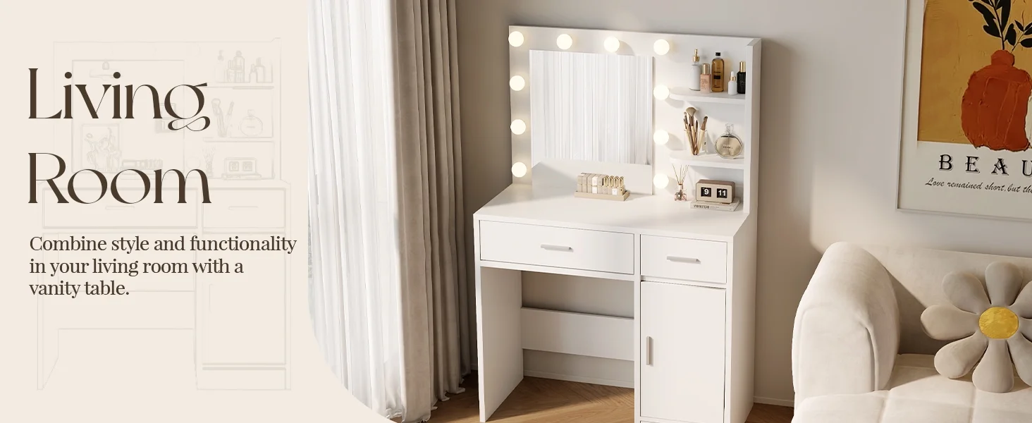 LIVELYGLOW Vanity Desk with Mirror and Lights, Makeup Vanity with Drawer & Storage Shelves, Cabinet, 3 Lighting Modes Adjustable Brightness,White