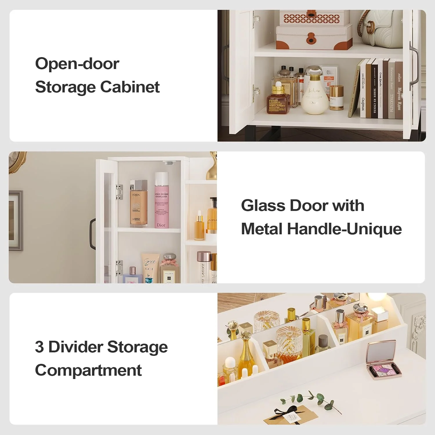 AMUZER Modern Vanity Desk Set with Mirror and Lights & Stool, Makeup Vanity Table with Charging Station, 4 Stoarge Drawers & Double-Door Cabinet, White