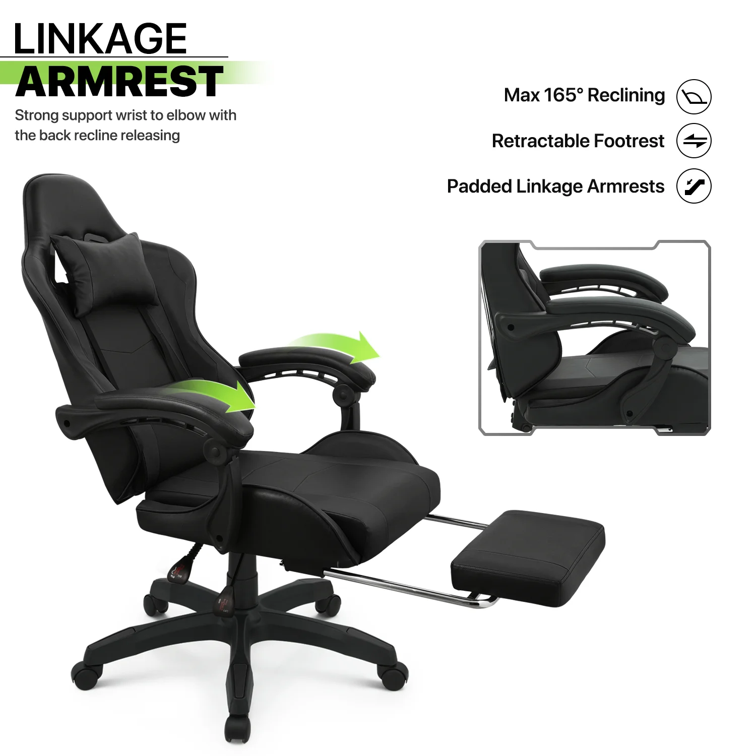 Magshion Adjustable Gaming Chair, Ergonomic PC Computer Seat with Headrest and Lumbar Support for Adults Teens Desk Chair, Black
