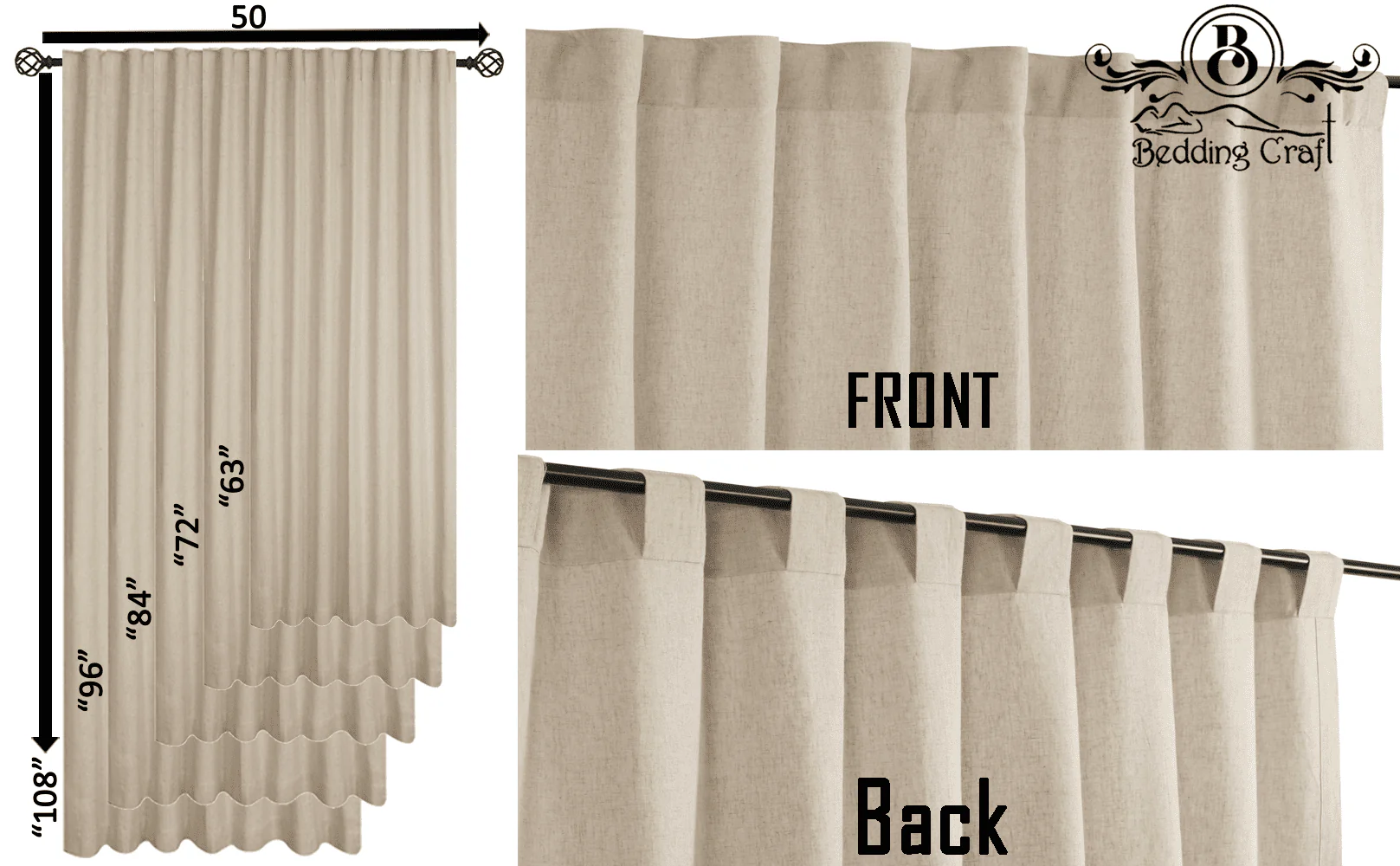 Bedding Craft Natural Cotton/Linen Window Panels Tab Top, Room Darkening Drapes, Set of 2, 50 x 63 inch, White