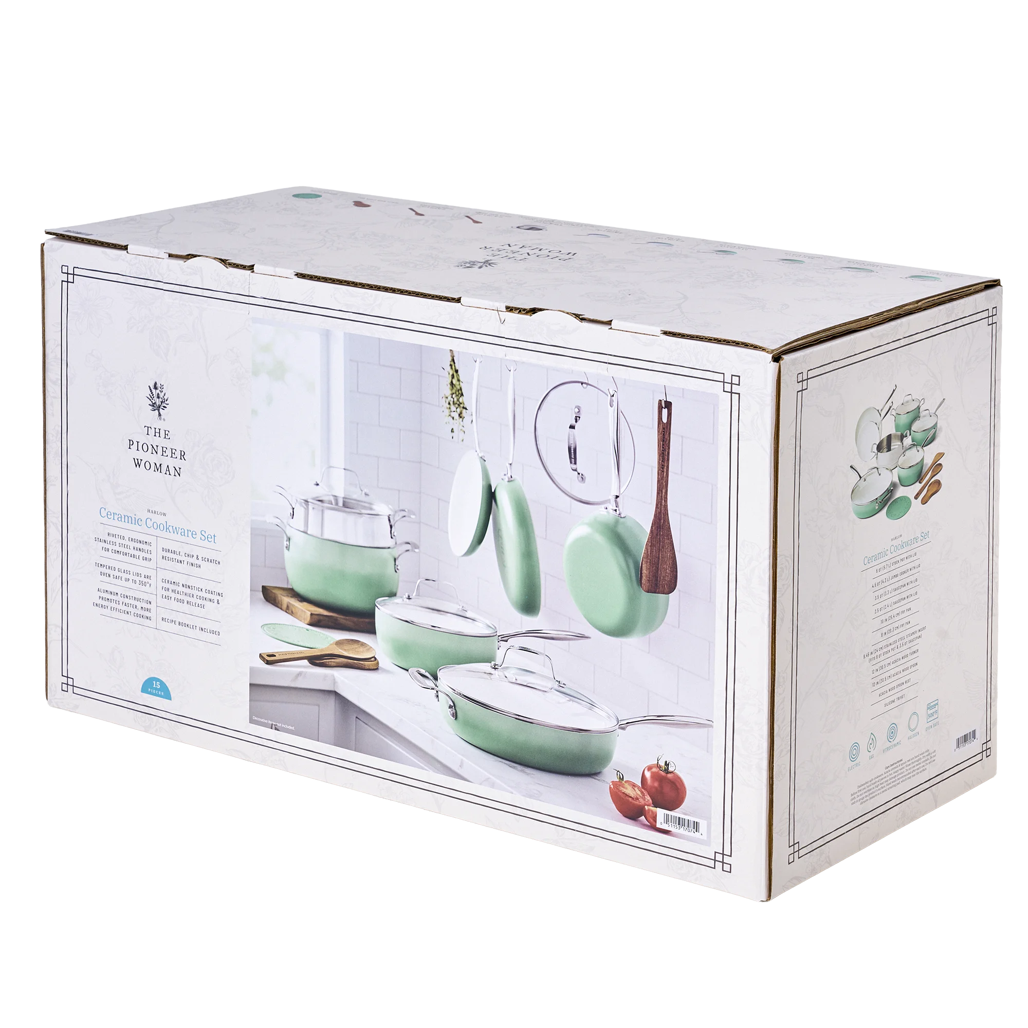 The Pioneer Woman Harlow 15-Piece Cookware Set, Ceramic Non-Stick Pots and Pans Set, Taupe