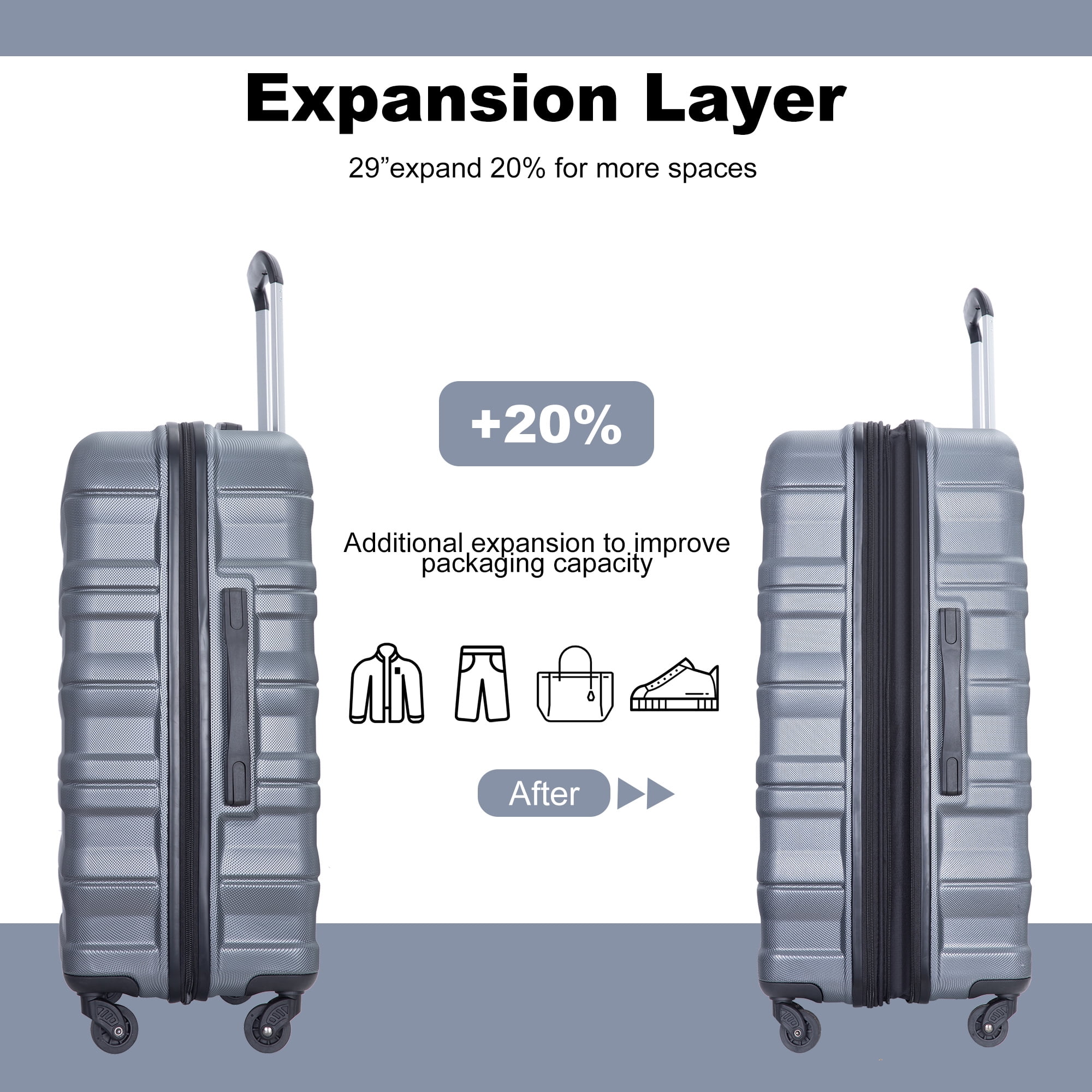 PAPROOS Hardside Luggage Set, 3 Piece 21in 25in 29in Carry on Suitcases Set with 2 Hooks and TSA Lock, Modern Lightweight Luggage Set, Hardshell Expandable Suitcase Set for Family Travel, Black