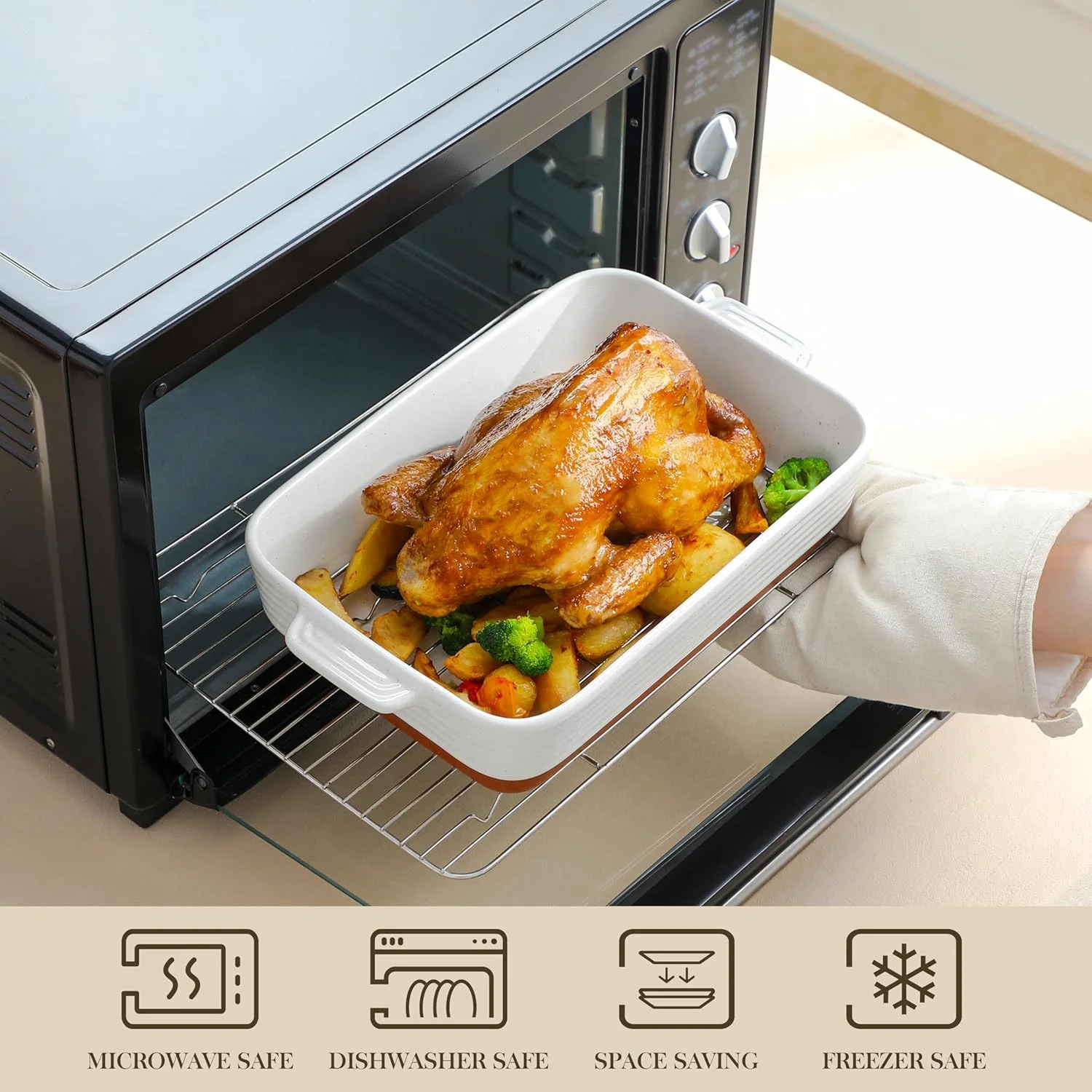 Casserole Dishes for Oven with Roasting Racks, Ceramic Baking Dishes Set of 3, Baking Pan Casserole Dish Set, Rectangular Lasagna Pan Deep with Handles for Baking, Khaki White (14.5''/13''/10.5''),