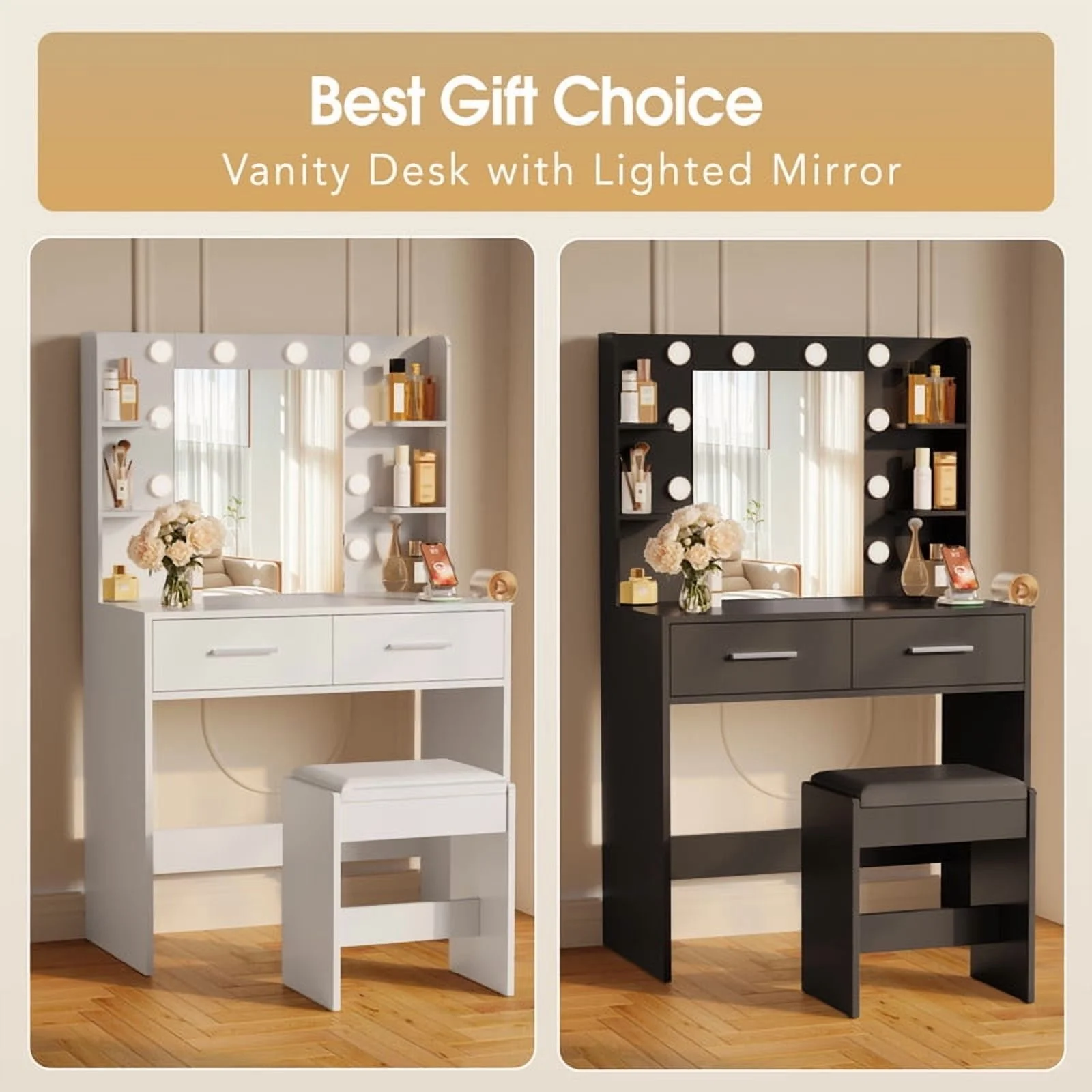 Furmax Makeup Vanity Table and Chair Set with 3 Modes Adjustable Lights and Mirror Vanity Desk with Shelves and Drawer, White