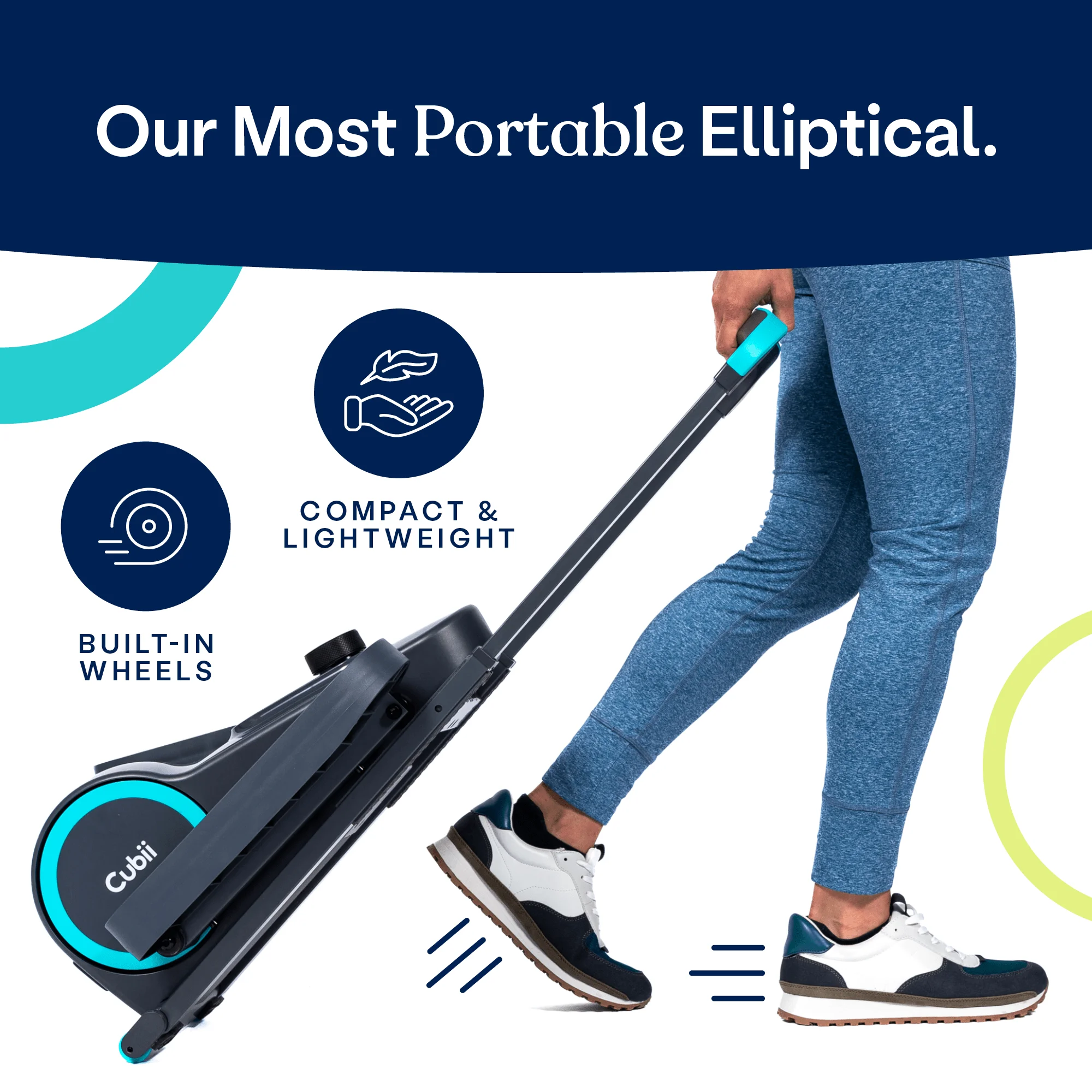 Cubii GO Aqua - Ultra Portable Under Desk Elliptical, Foot Pedal Exerciser Machine with Built-in Wheels, Easy Retractable Handle, Large LCD Fitness Tracker, Adjustable Resistance Levels